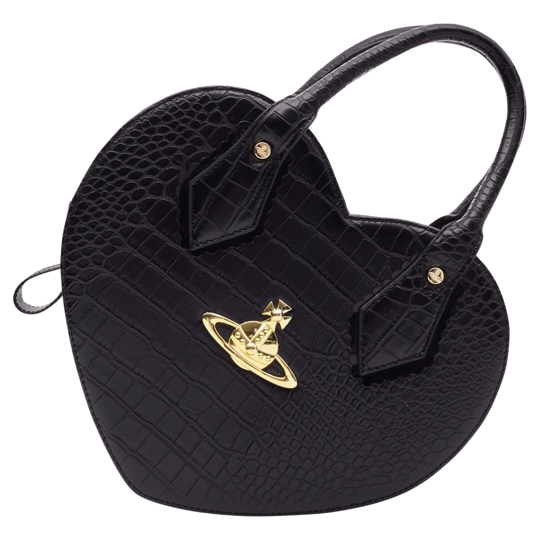 Vivienne Westwood Black Croc Embossed Chancery Heart Handbag For Sale