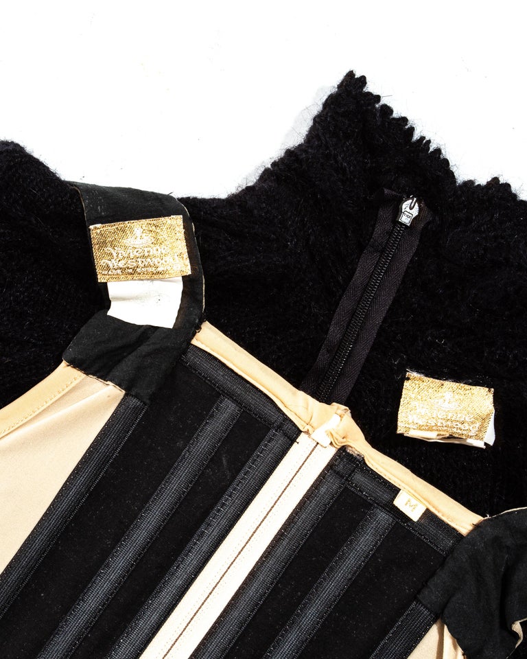 Vivienne Westwood black crochet knit corseted mini dress with cut out, fw  1993