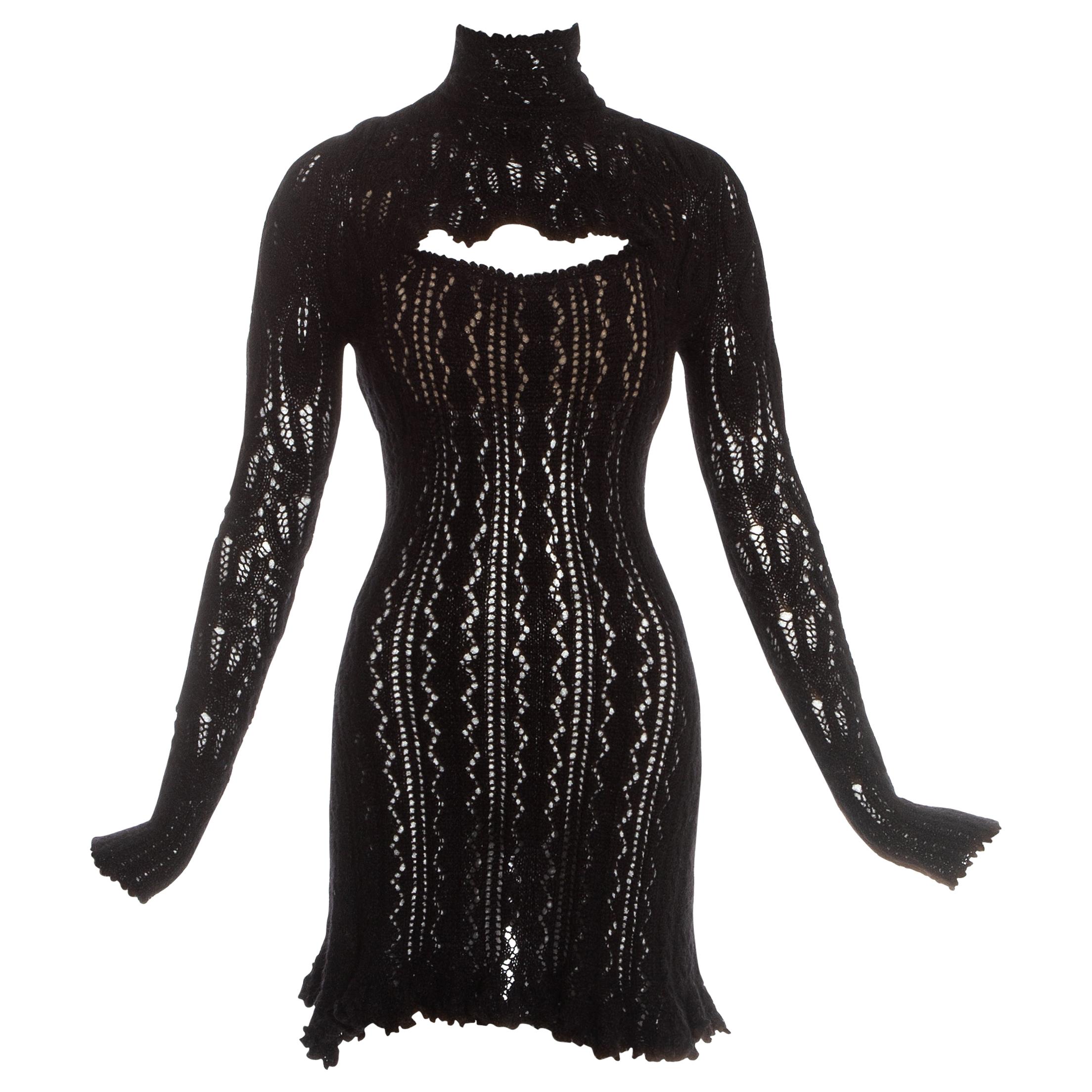 Vivienne Westwood black crochet knit corseted mini dress with cut out, fw 1993