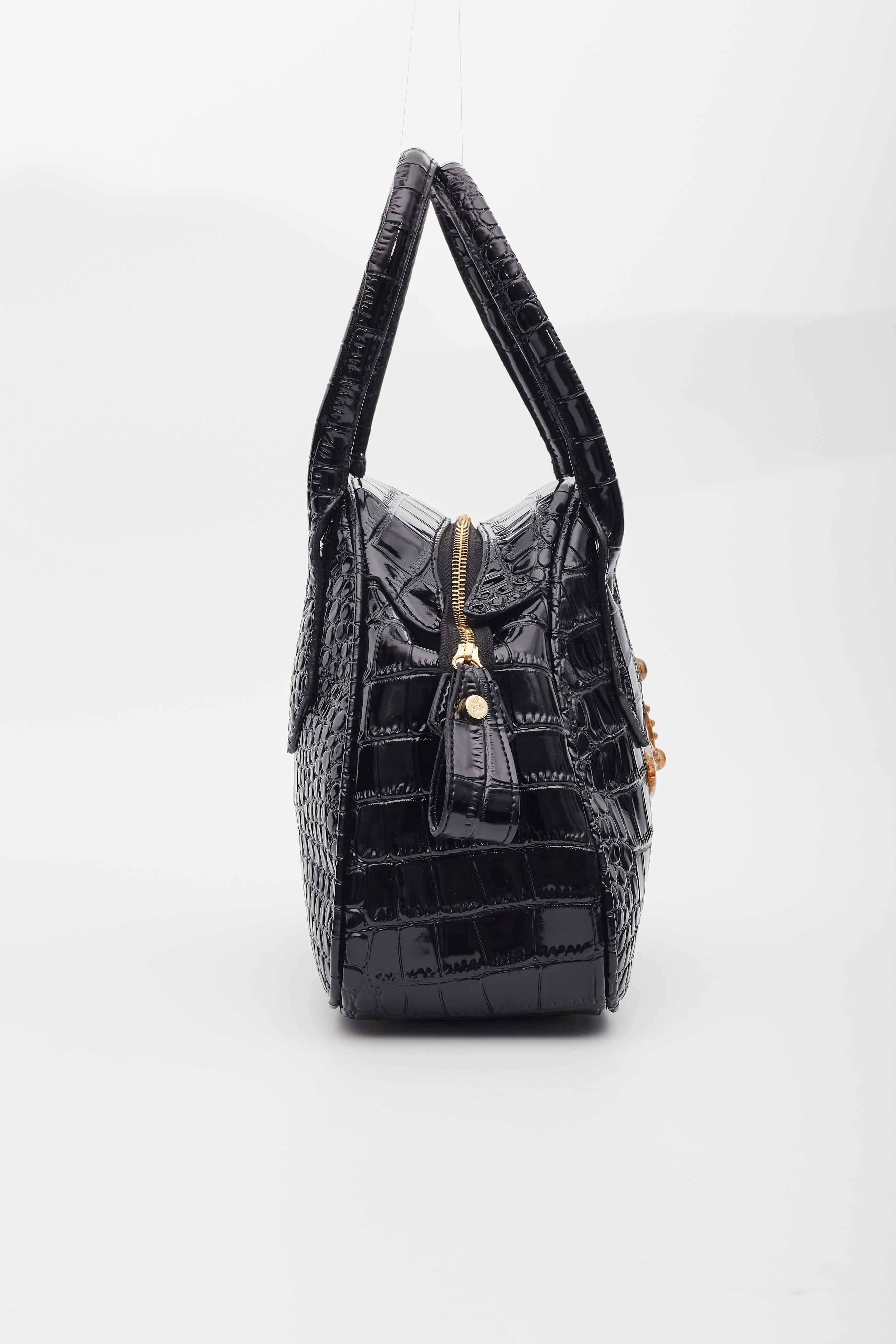 Vivienne Westwood Black Crocodile Chancery Handbag In Excellent Condition For Sale In Montreal, Quebec