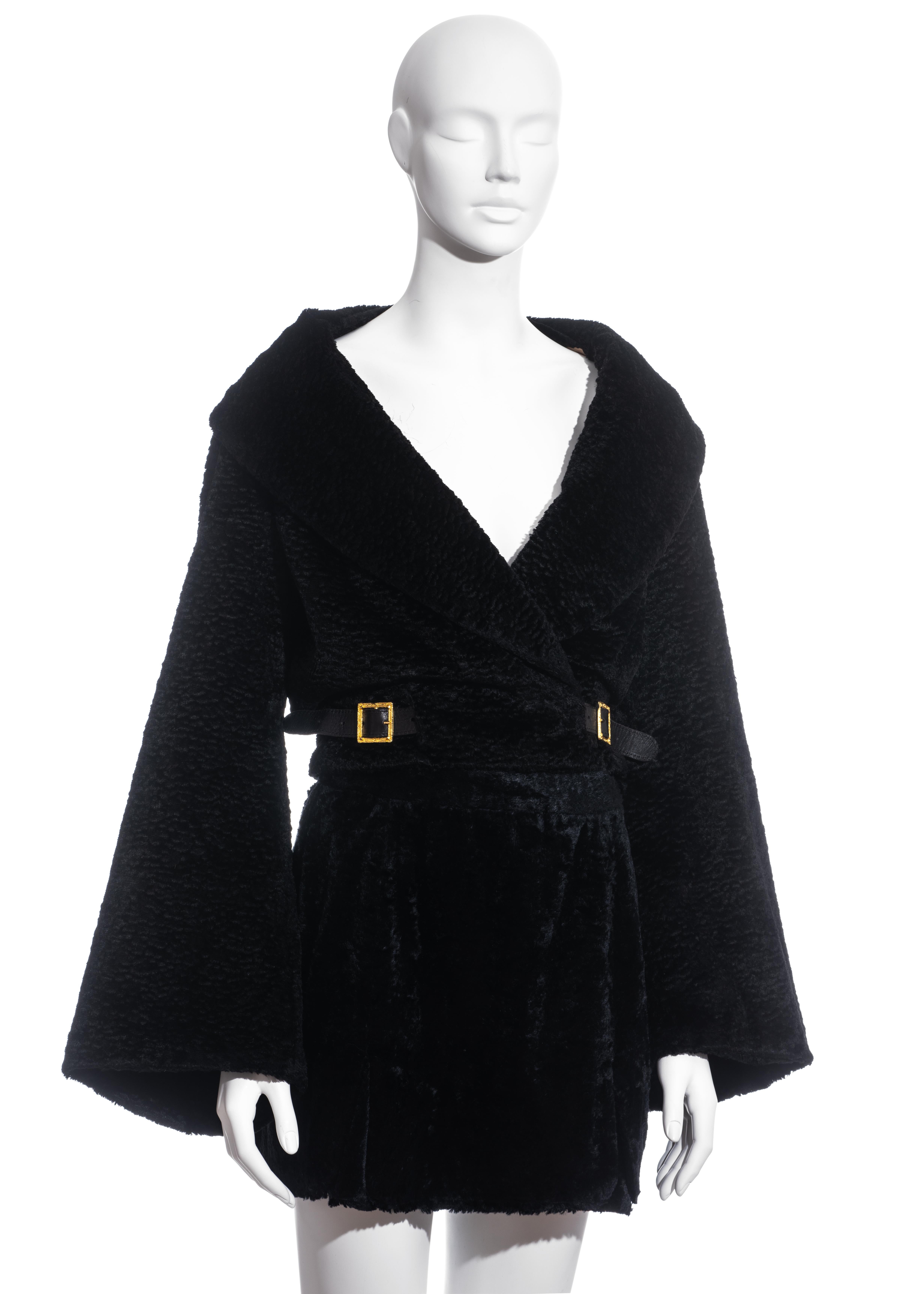 Black Vivienne Westwood black faux fur wrap jacket and mini skirt suit, fw 1994 For Sale