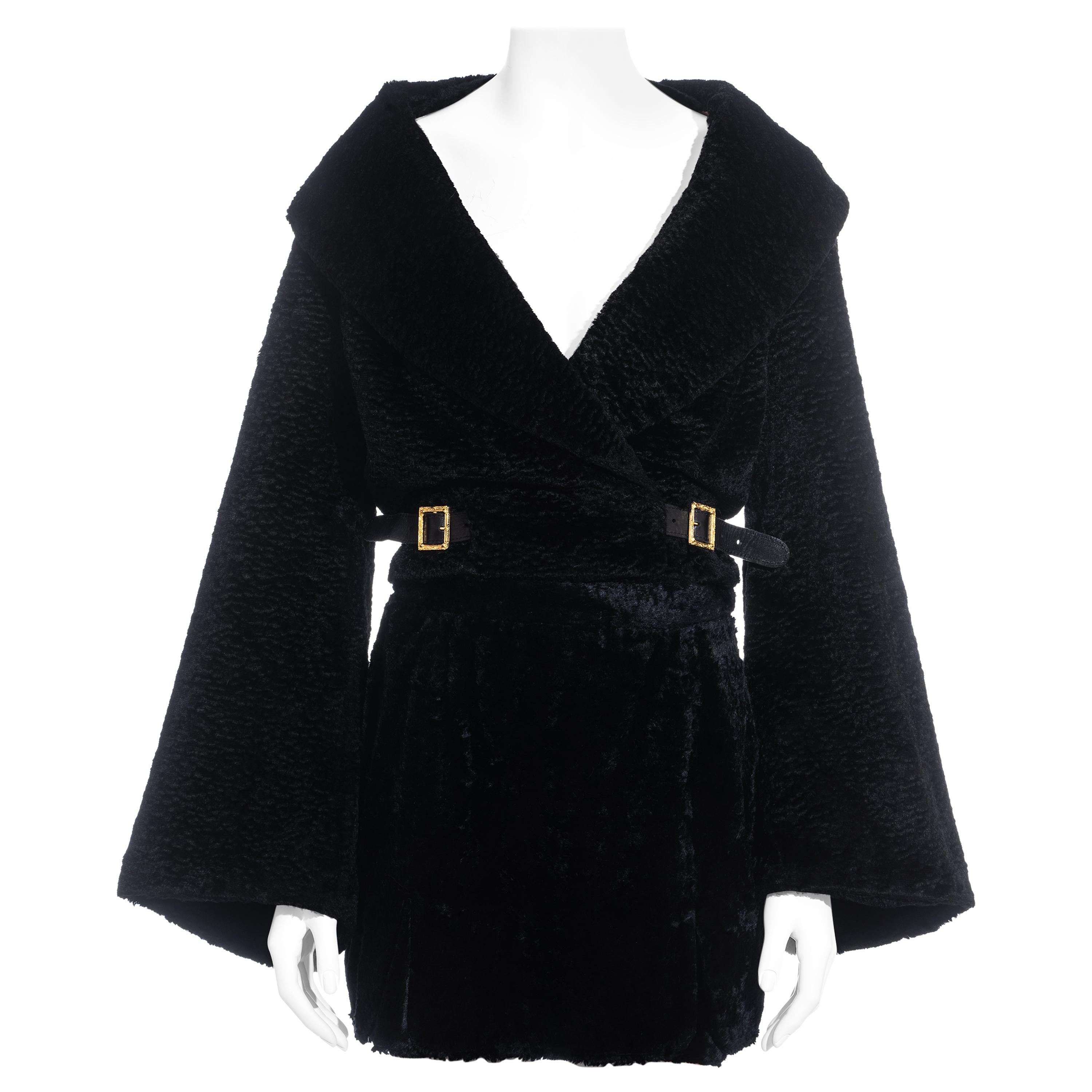 Vivienne Westwood black faux fur wrap jacket and mini skirt suit, fw 1994 For Sale