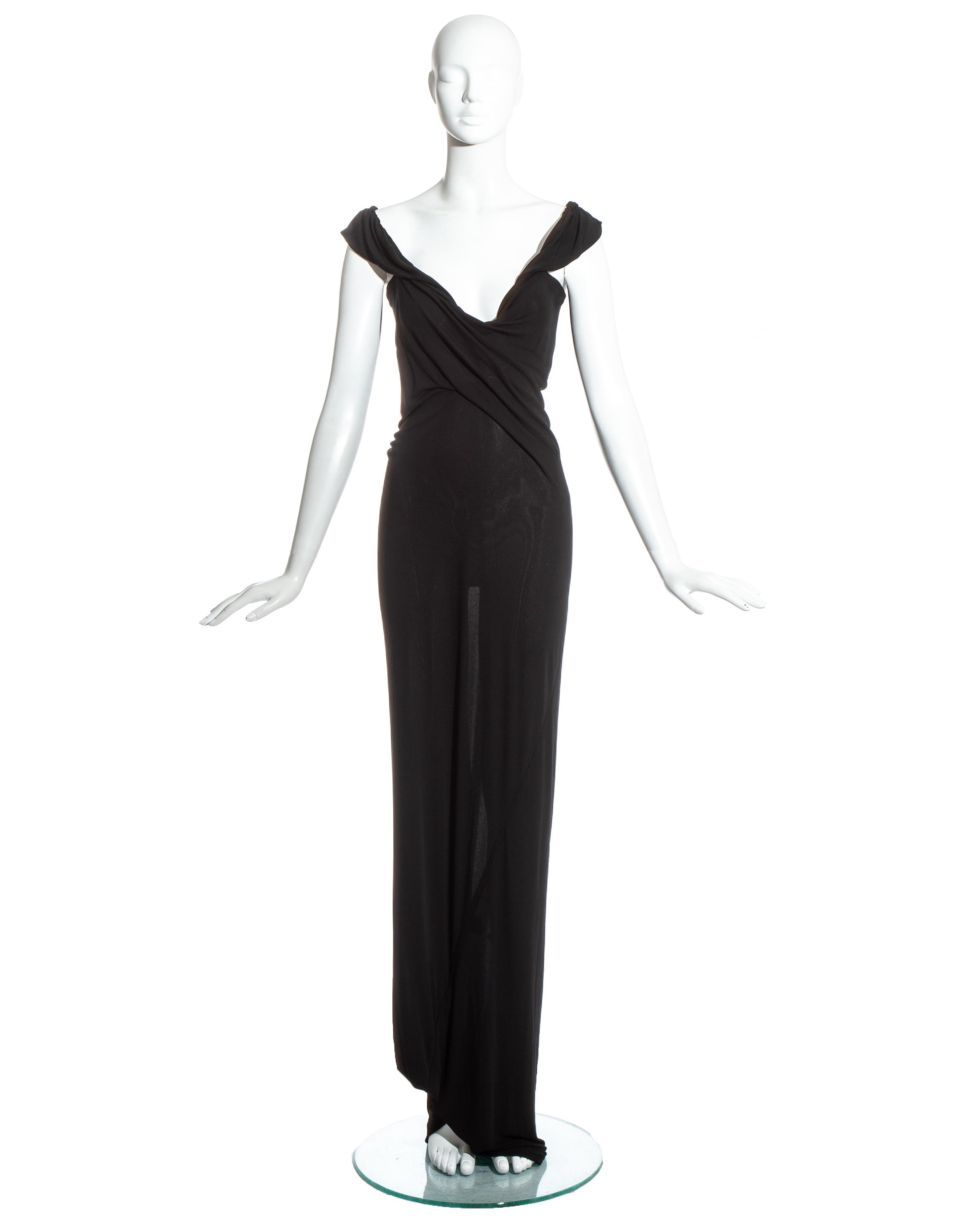 Vivienne Westwood; black jersey draped maxi dress with twisted shoulder straps. 

Spring-Summer 1997