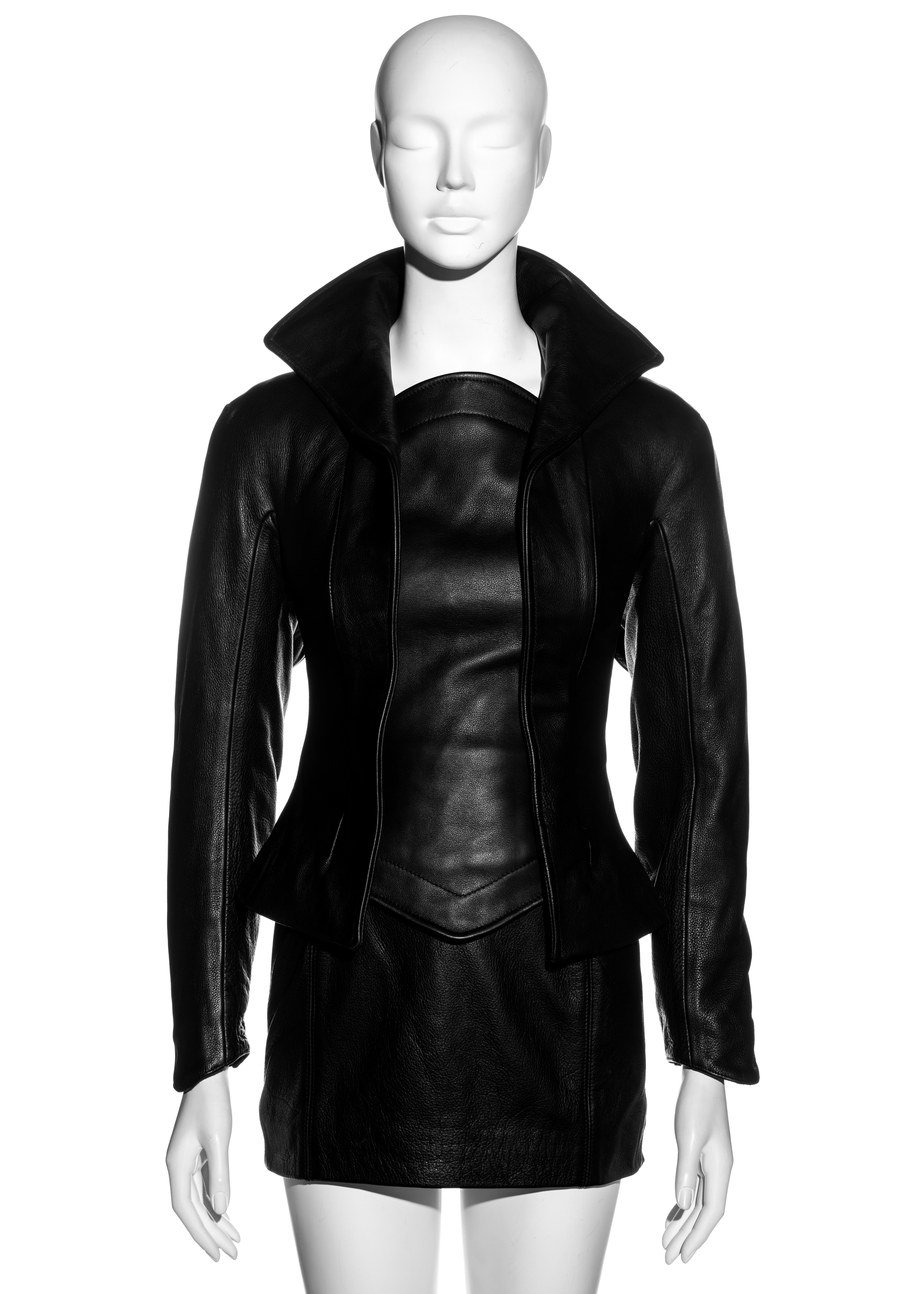 Women's Vivienne Westwood black leather corseted jacket and mini skirt suit, fw 1997 For Sale