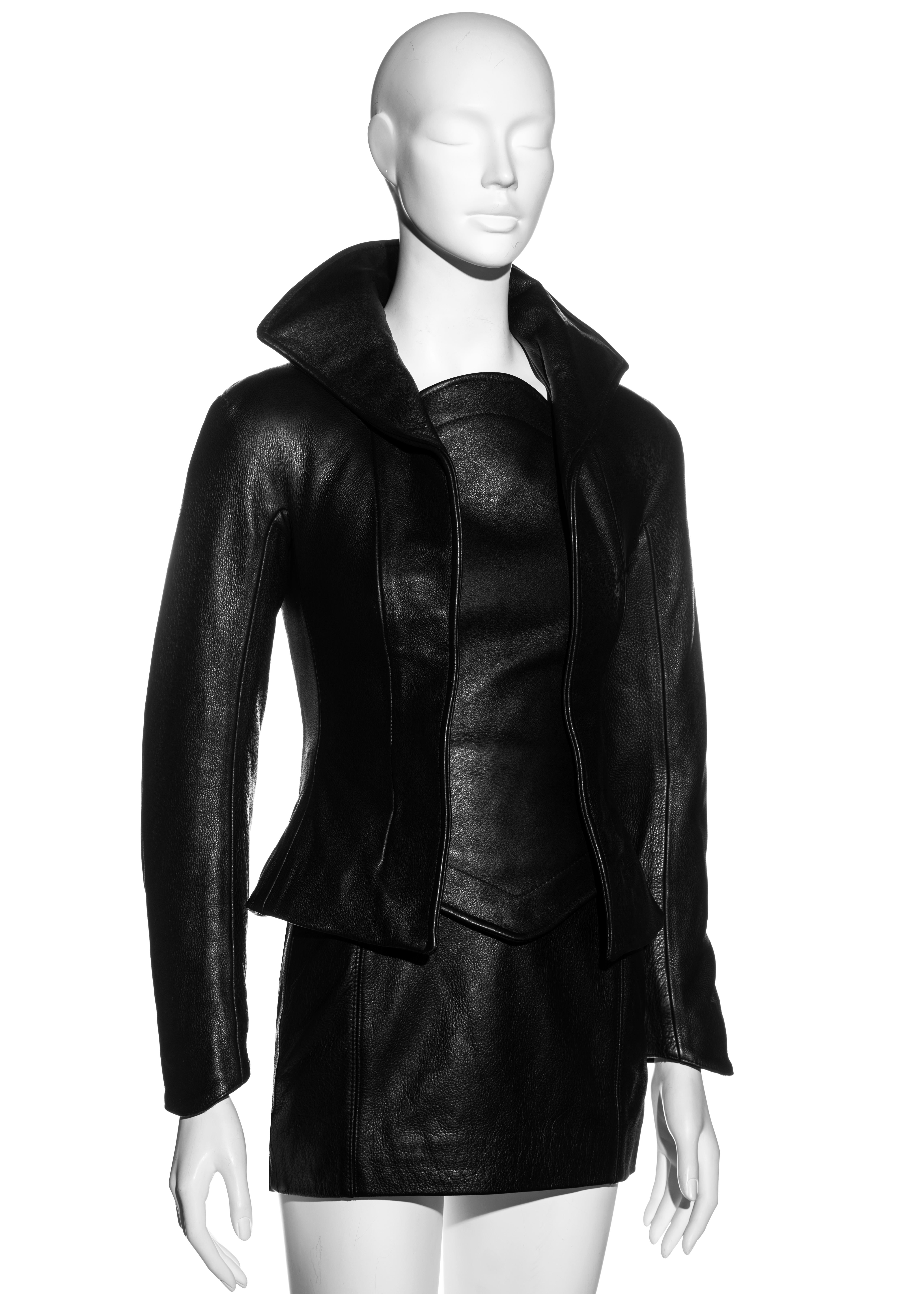 Vivienne Westwood black leather corseted jacket and mini skirt suit, fw 1997 For Sale 1