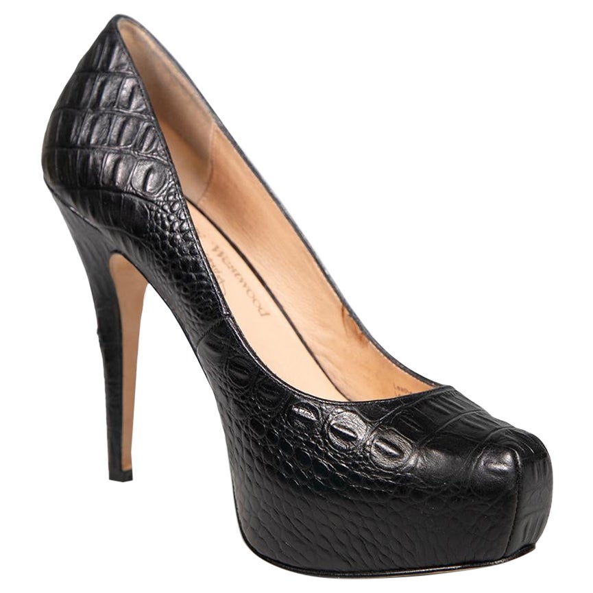 Vivienne Westwood Black Leather Croc Emboss Pumps Size IT 40 en venta