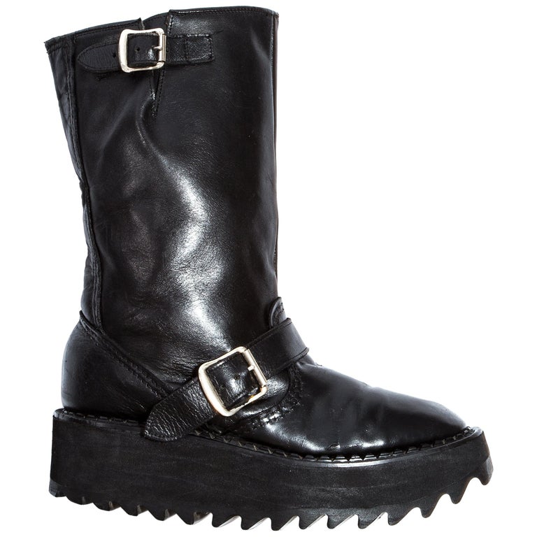 Vivienne Westwood black leather platform buckle boots, ss 1992 For Sale