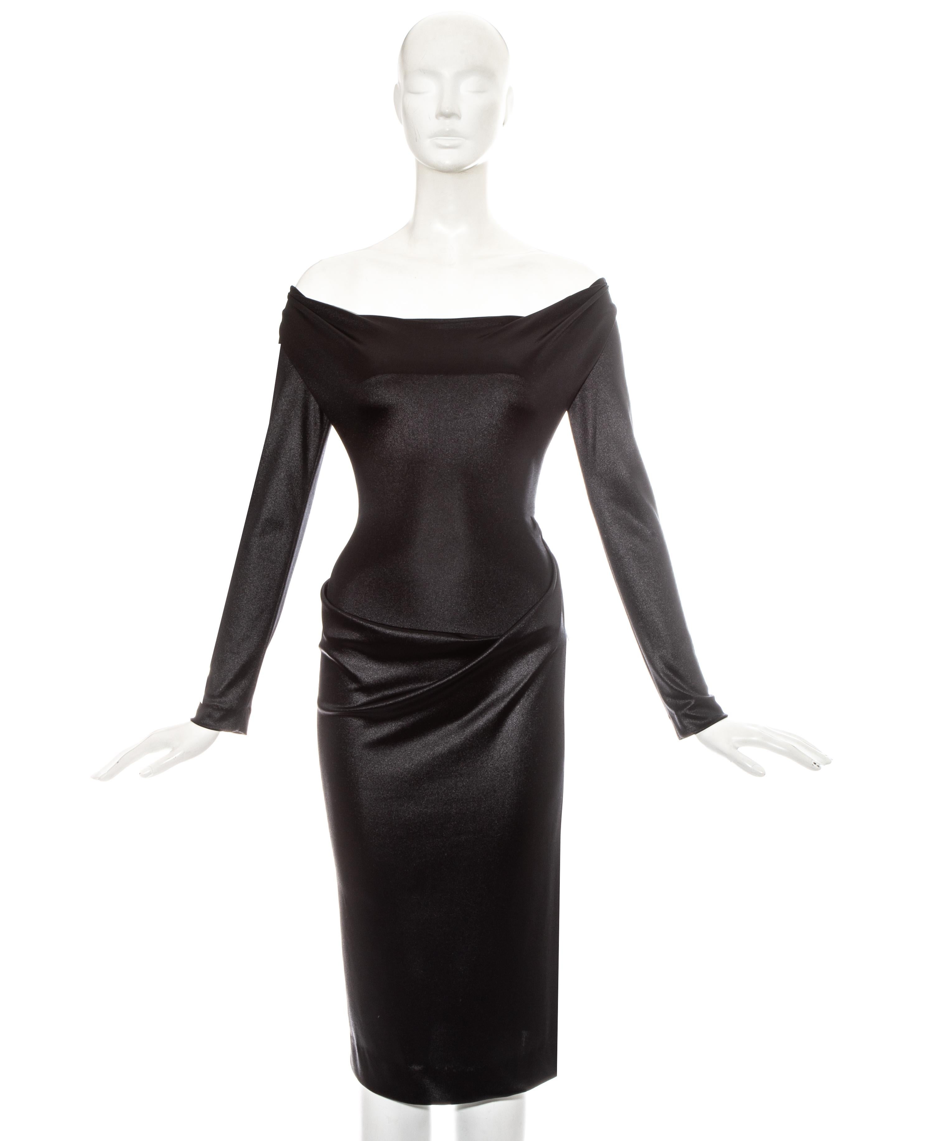 Vivienne Westwood black nylon jersey mid length evening dress. Off shoulder neckline, draped skirt with slit and built in bodysuit. 

Fall-Winter 1997