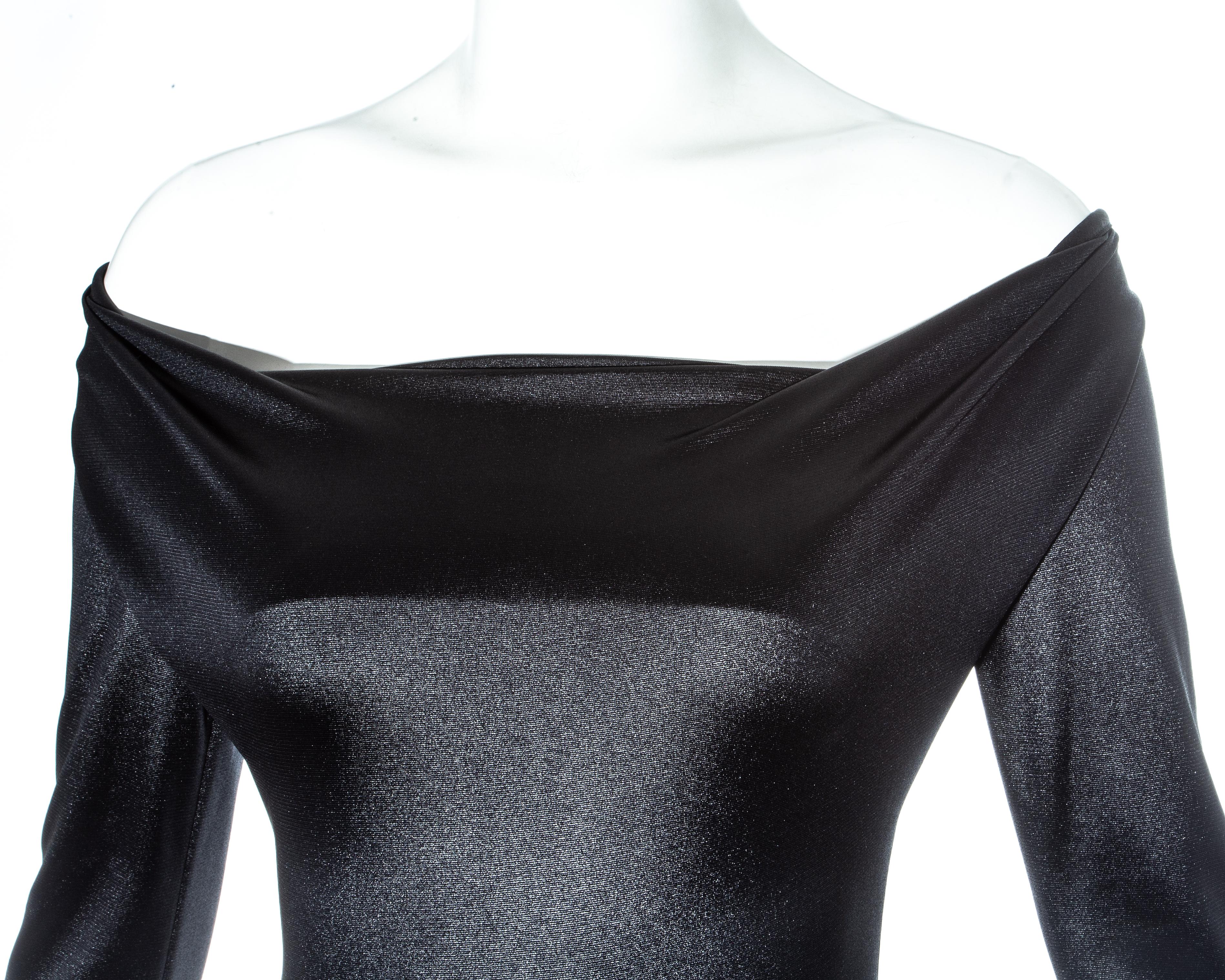 Women's Vivienne Westwood black nylon jersey draped off shoulder evening dress, fw 1997