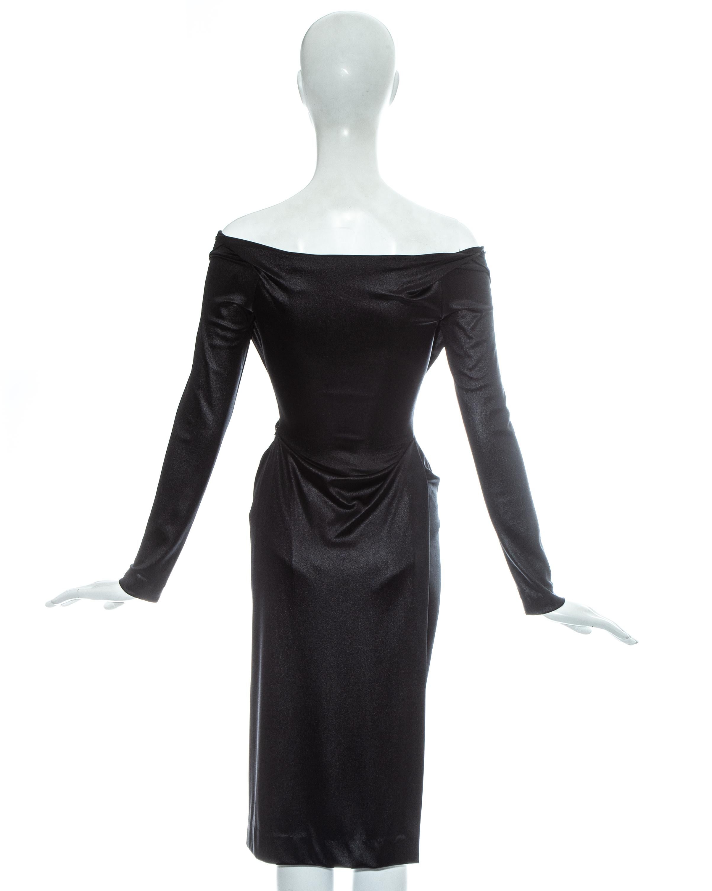 Vivienne Westwood black nylon jersey draped off shoulder evening dress, fw 1997 2