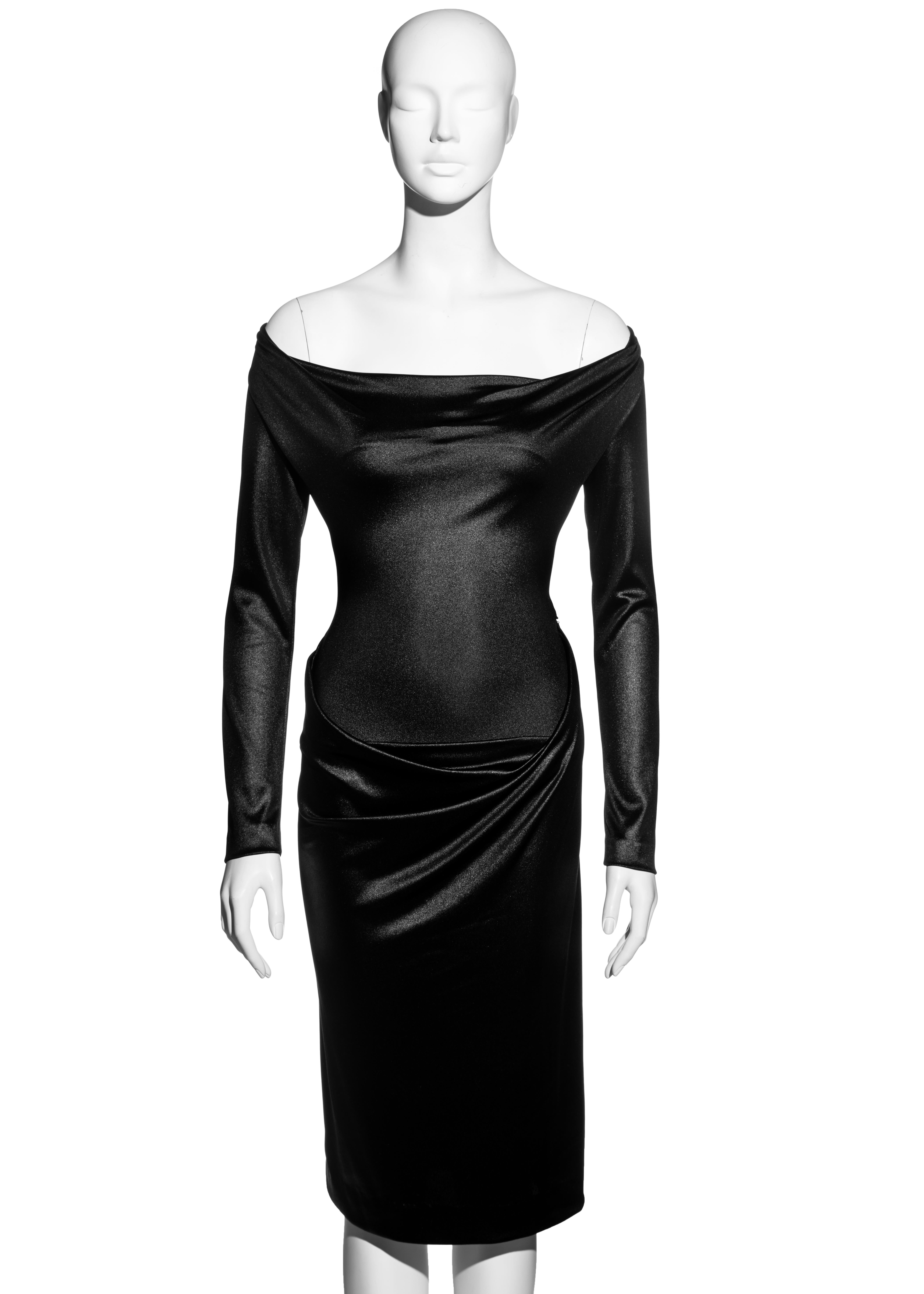 ▪ Vivienne Westwood nylon jersey off shoulder evening dress
▪ 100% Nylon
▪ Draped skirt with side slit 
▪ Built-in bodysuit 
▪ FR 38 - UK 10 - US 6
▪ Fall-Winter 1997