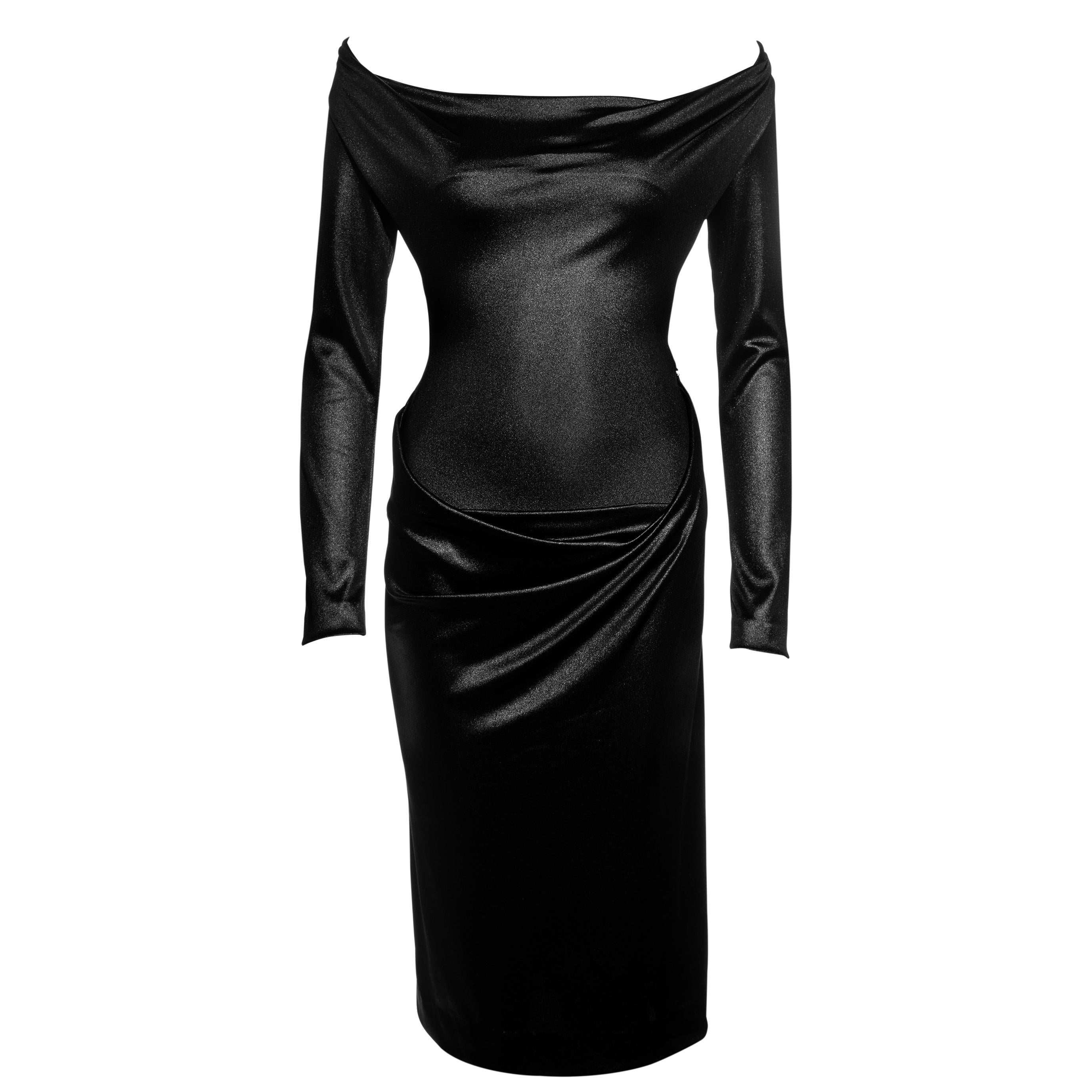 Vivienne Westwood black nylon off shoulder draped evening dress, fw 1997