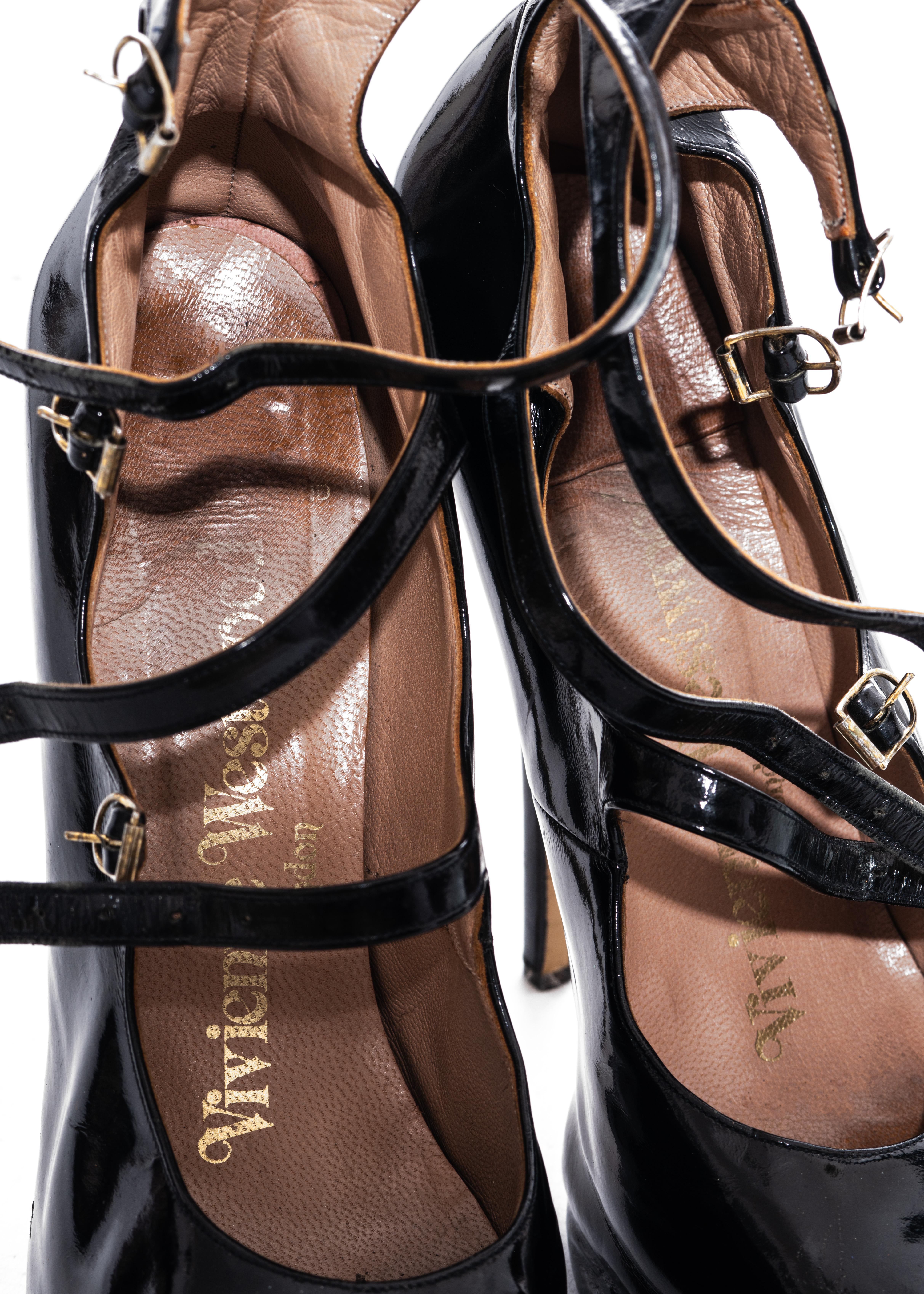 Women's Vivienne Westwood black patent leather three strap platform pumps, fw 1994
