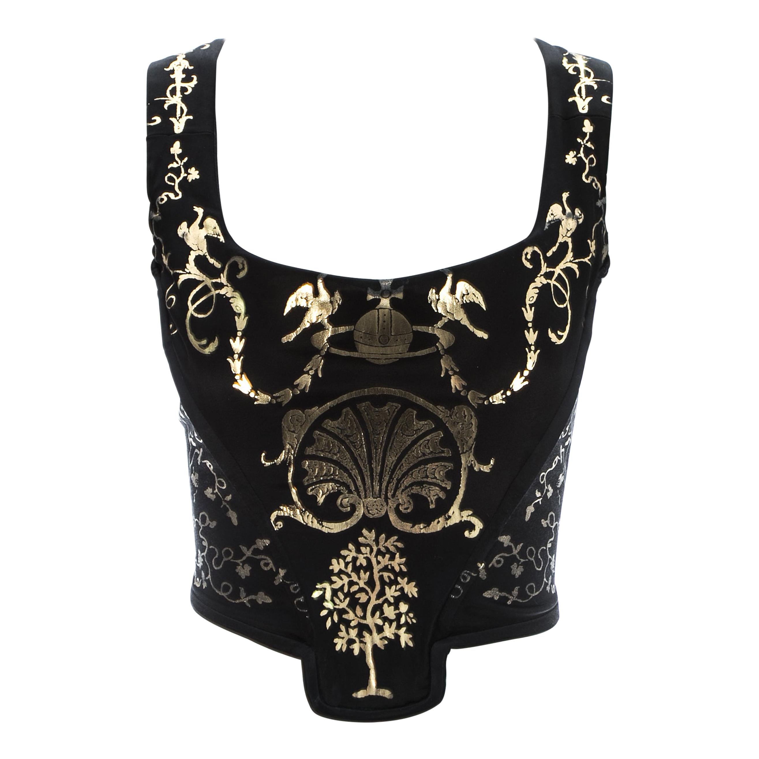 Vivienne Westwood black satin corset with metallic gold motifs, fw 1990