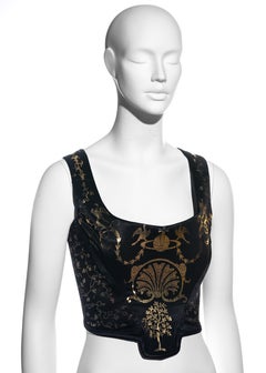 Vivienne Westwood black satin corset with metallic gold pattern, ss 1992