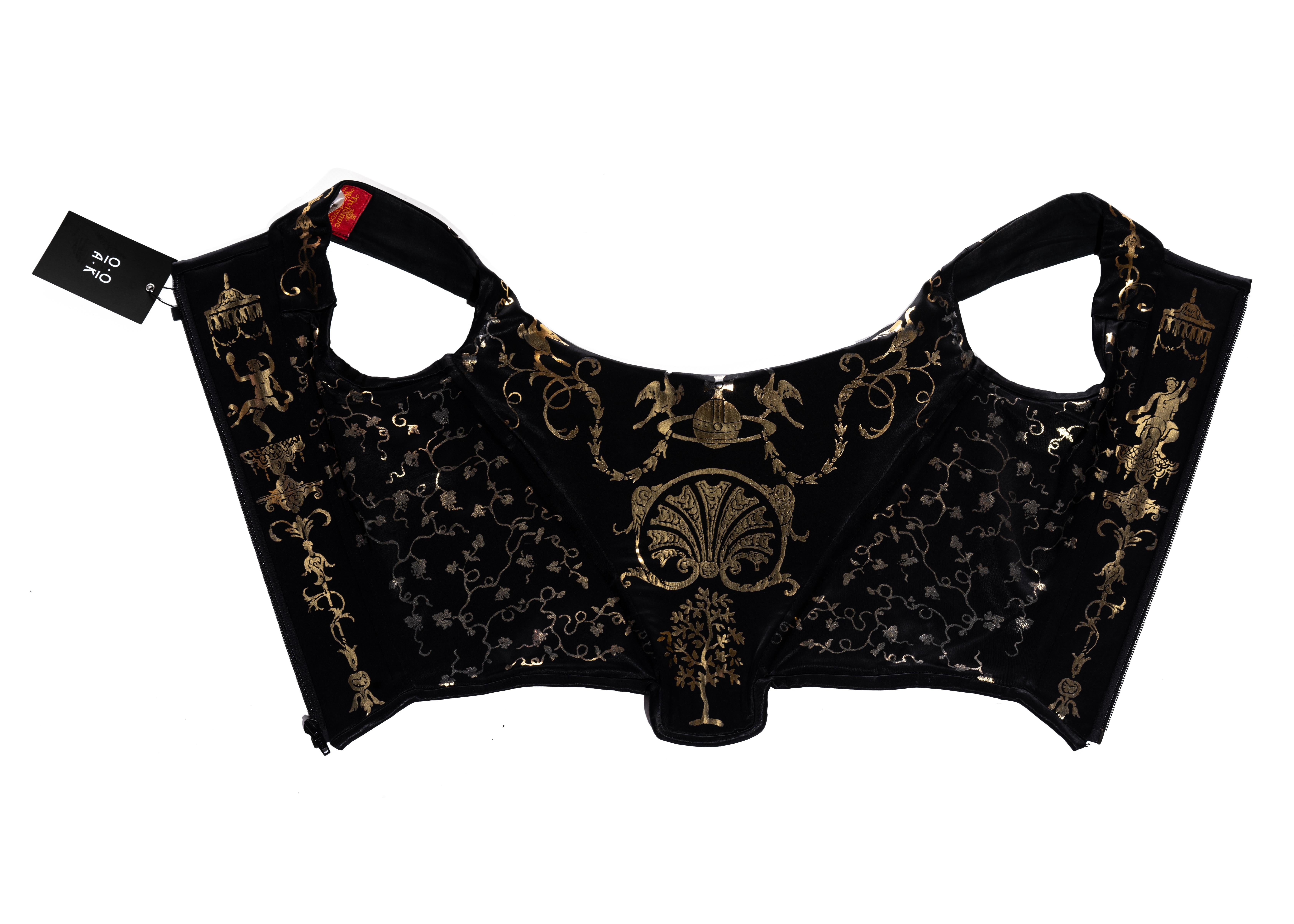 Black Vivienne Westwood black satin corset with metallic gold pattern, ss 1992 For Sale