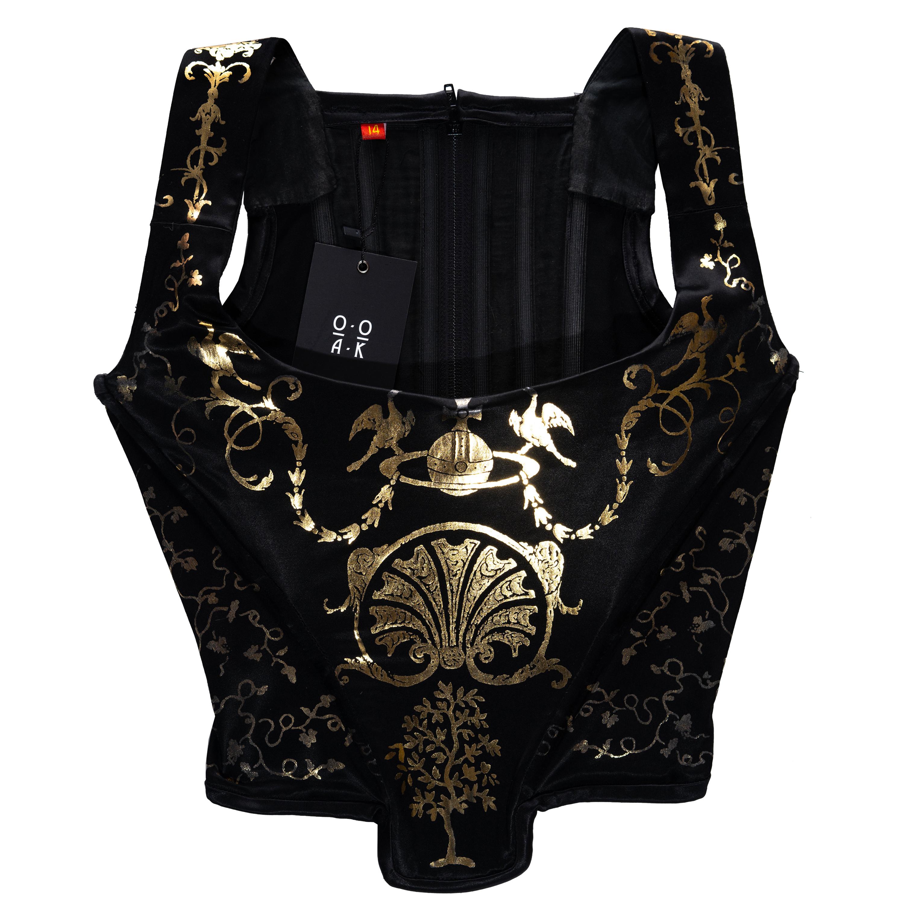Vivienne Westwood black satin corset with metallic gold pattern, ss 1992
