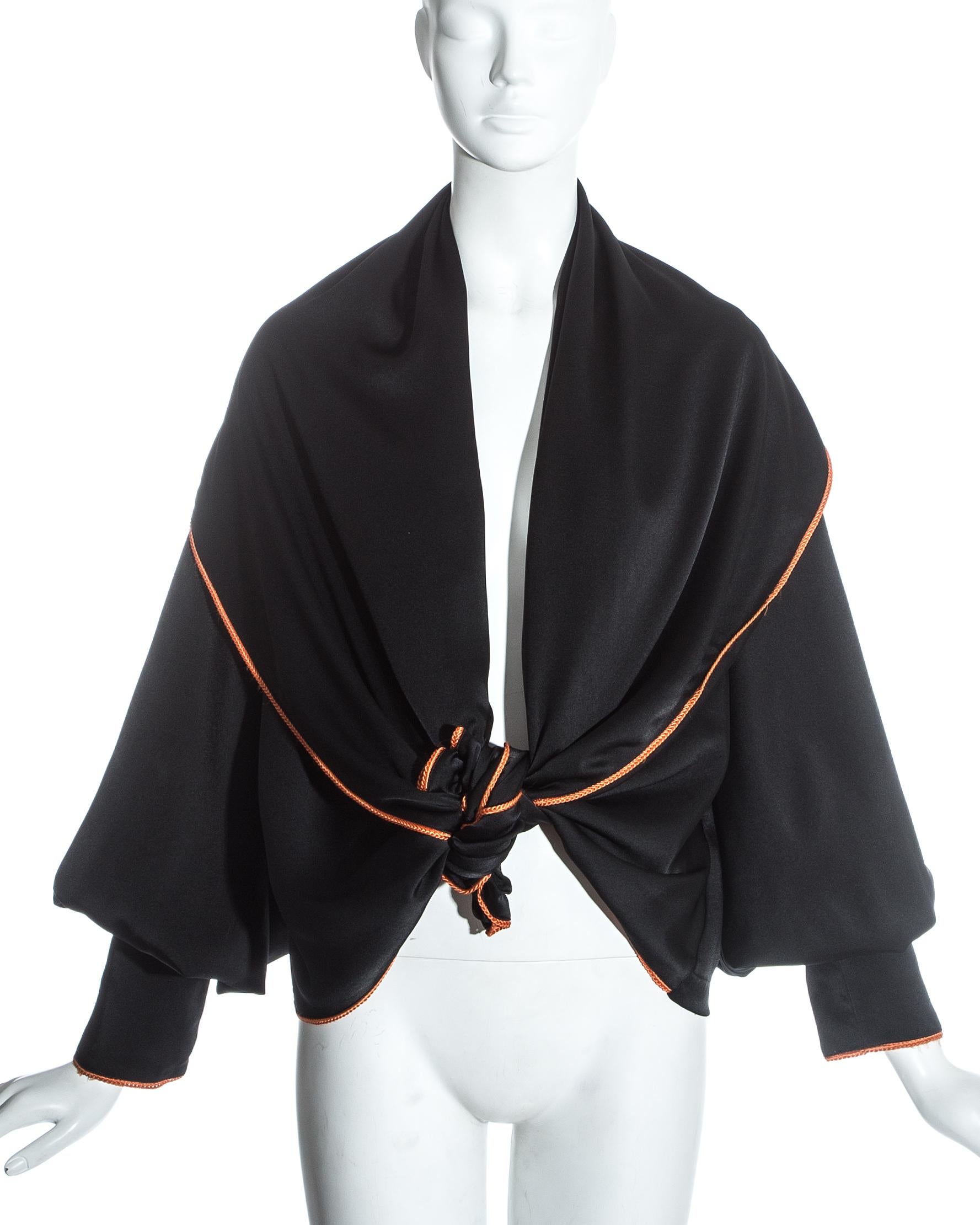 Black Vivienne Westwood black satin hooded bolero jacket with orange trim, ss 1993
