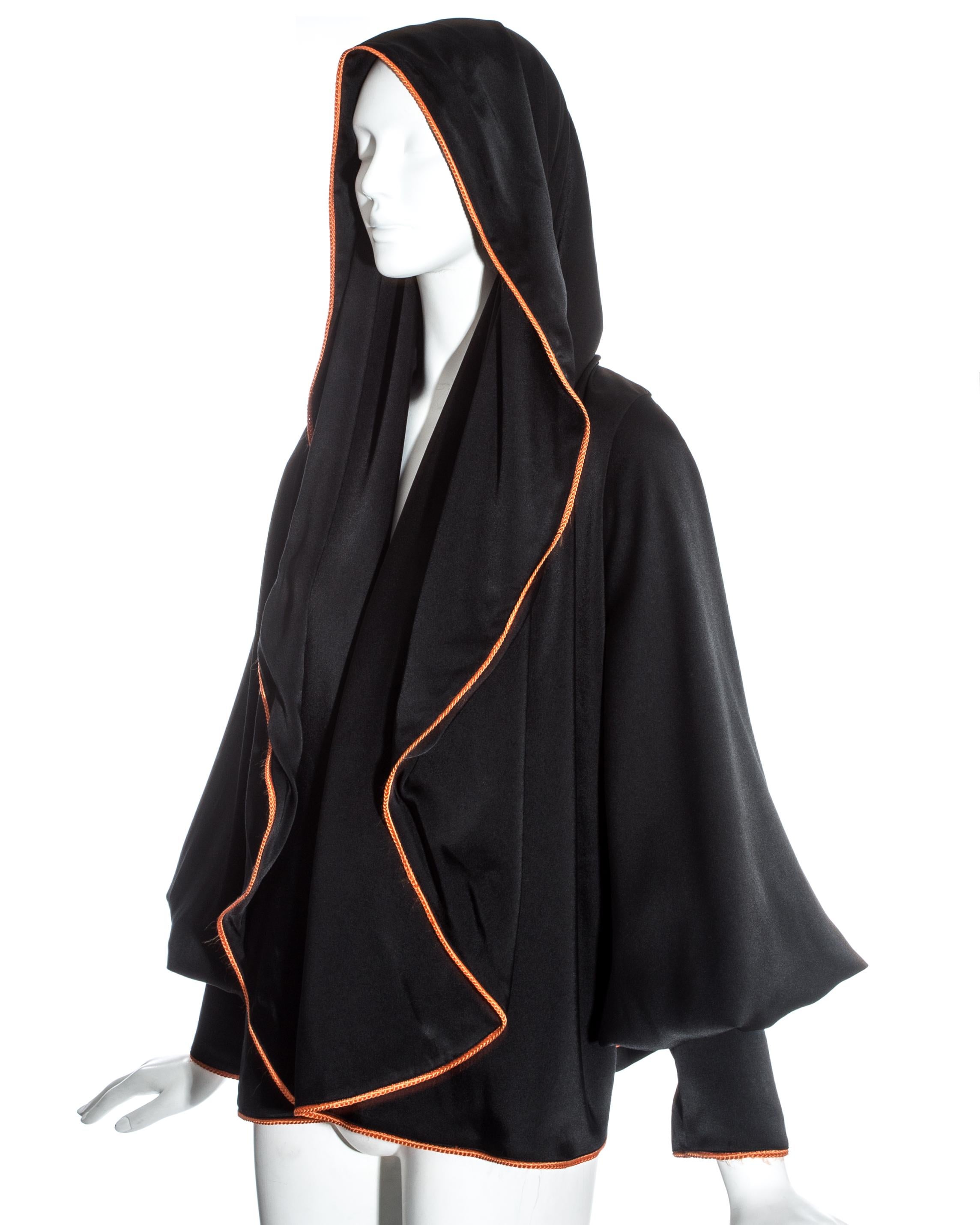 Women's Vivienne Westwood black satin hooded bolero jacket with orange trim, ss 1993