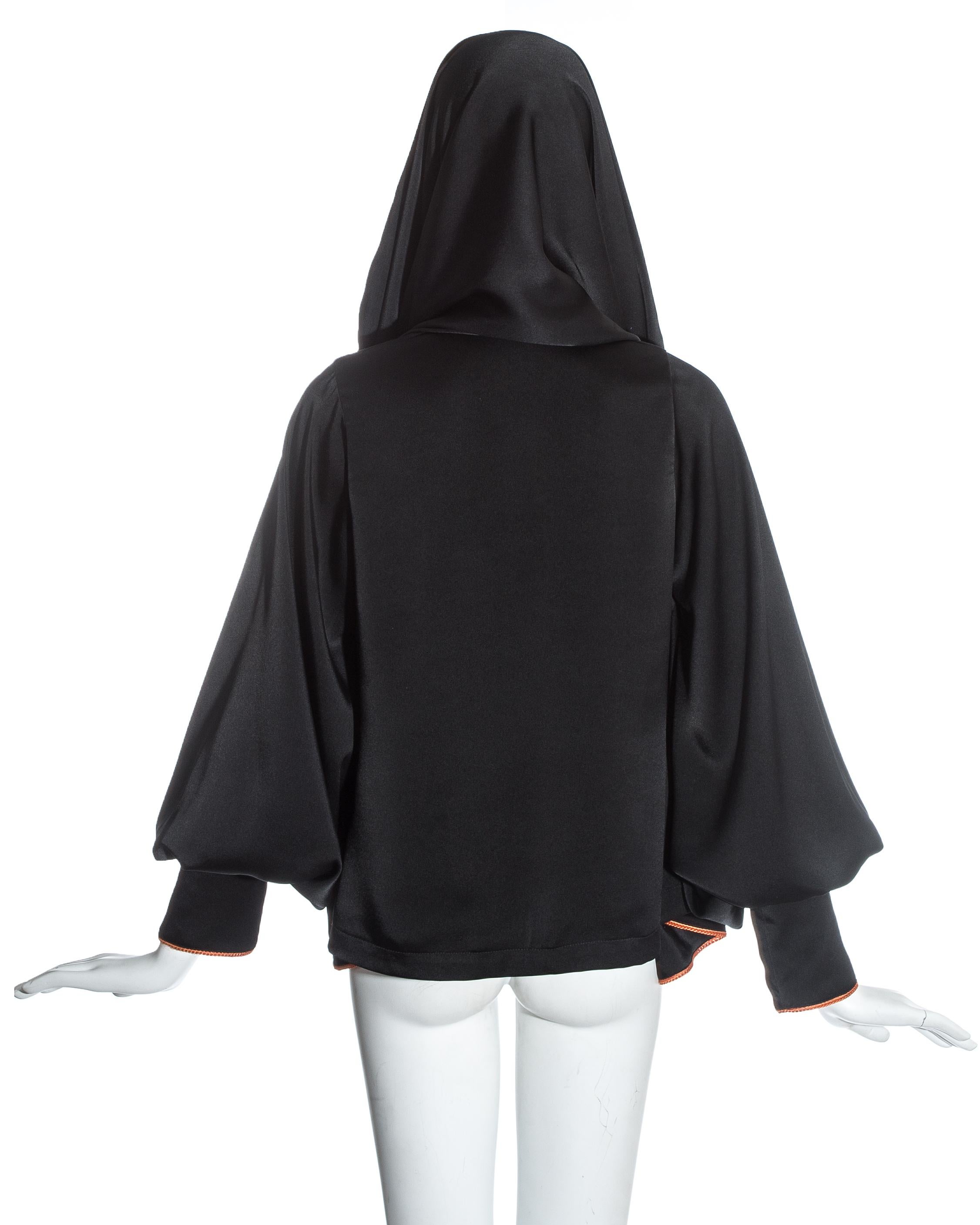 Vivienne Westwood black satin hooded bolero jacket with orange trim, ss 1993 2