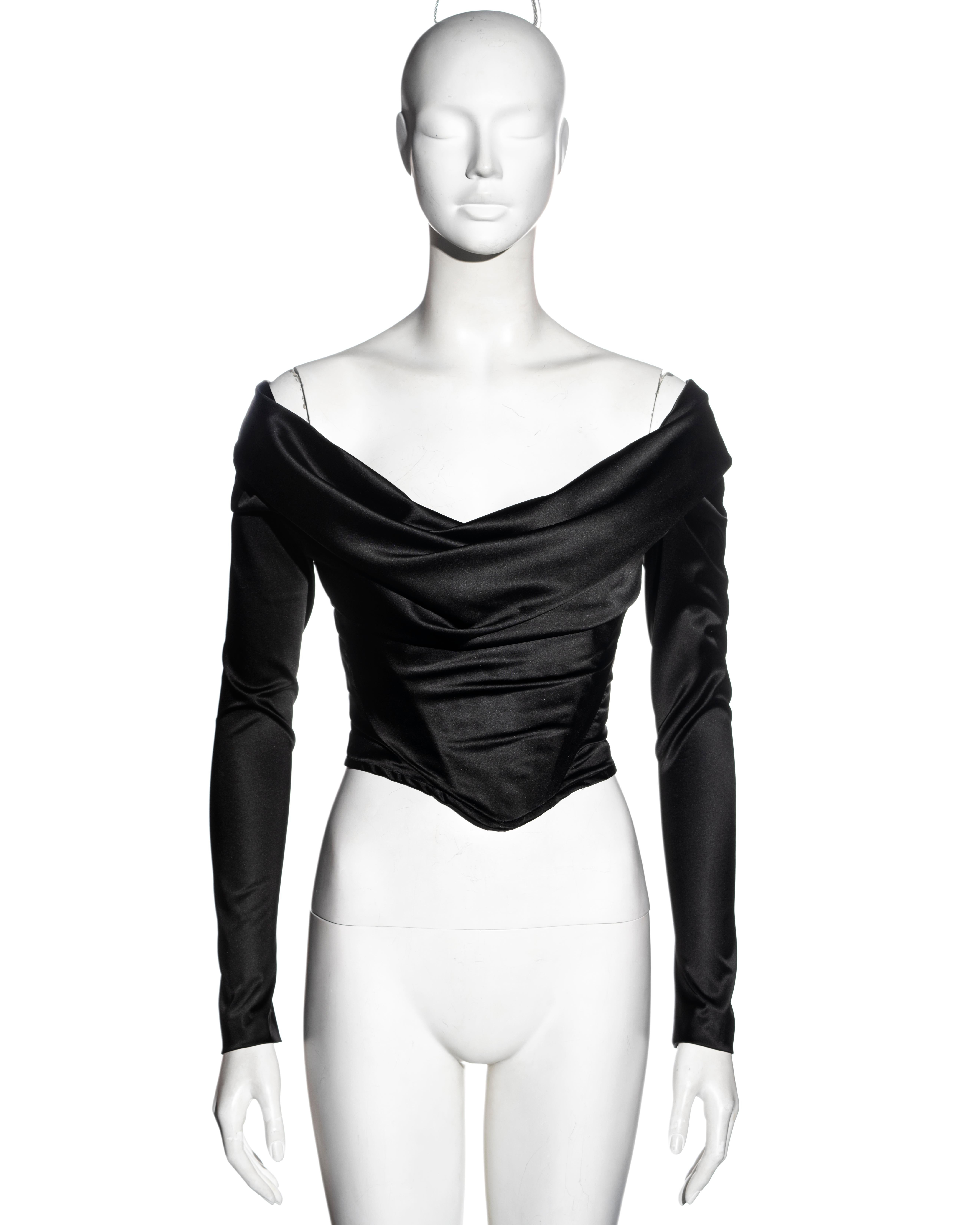 ▪ Vivienne Westwood black satin corset top
▪ Off-shoulder
▪ Cowl neck
▪ Long fitted sleeves 
▪ Zipper at center-back
▪ UK 10 - US 6
▪ Fall-Winter 1997
▪ 92% Polyester, 8% Spandex 
▪ Made in Italy