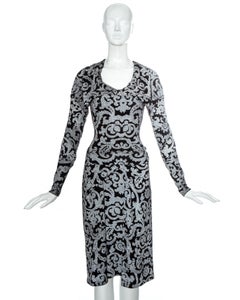 Vivienne Westwood black screen printed lurex figure hugging dress, fw 1997