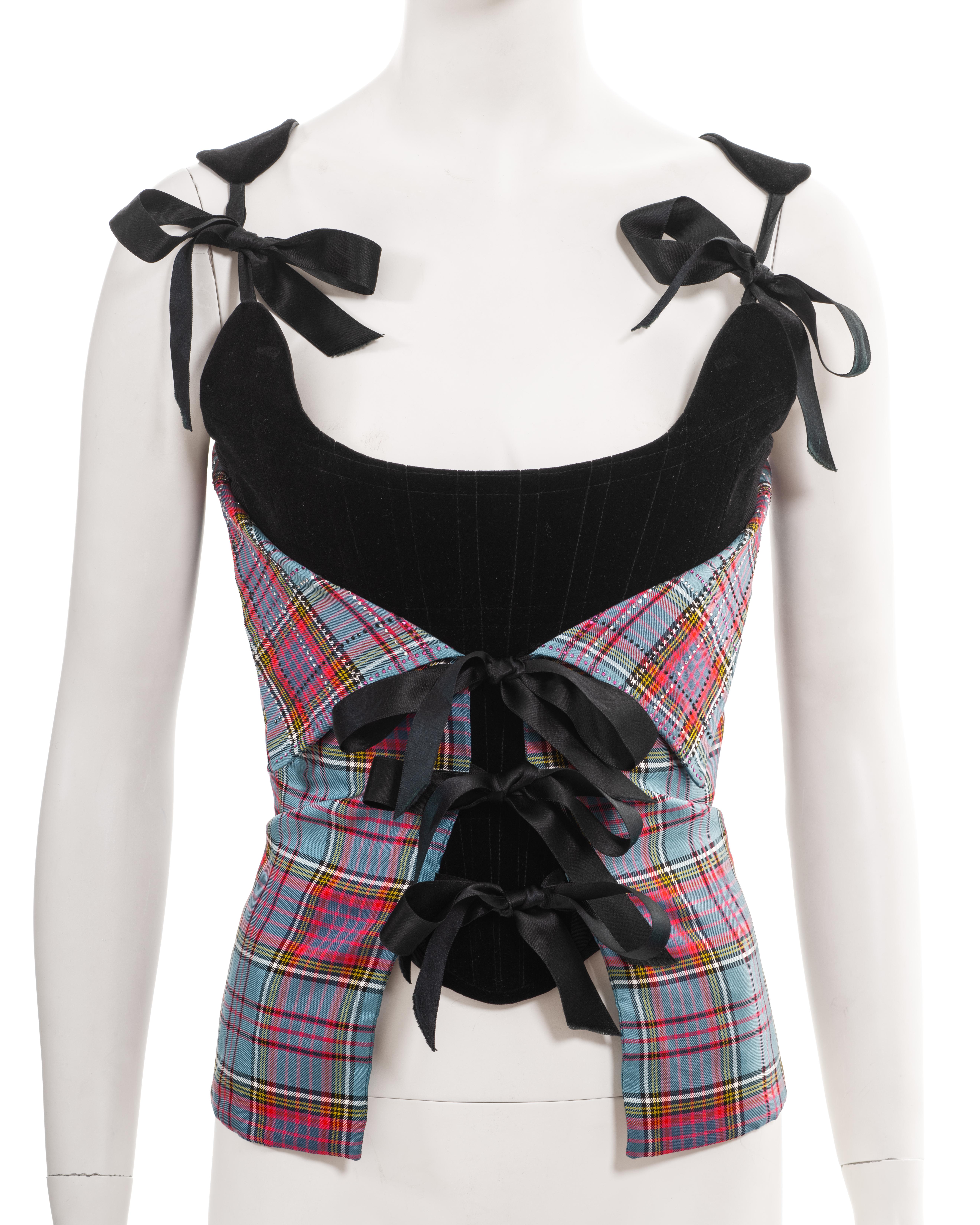  Vivienne Westwood black velvet and tartan silk corset with crystals, fw 1993 In Excellent Condition For Sale In London, GB