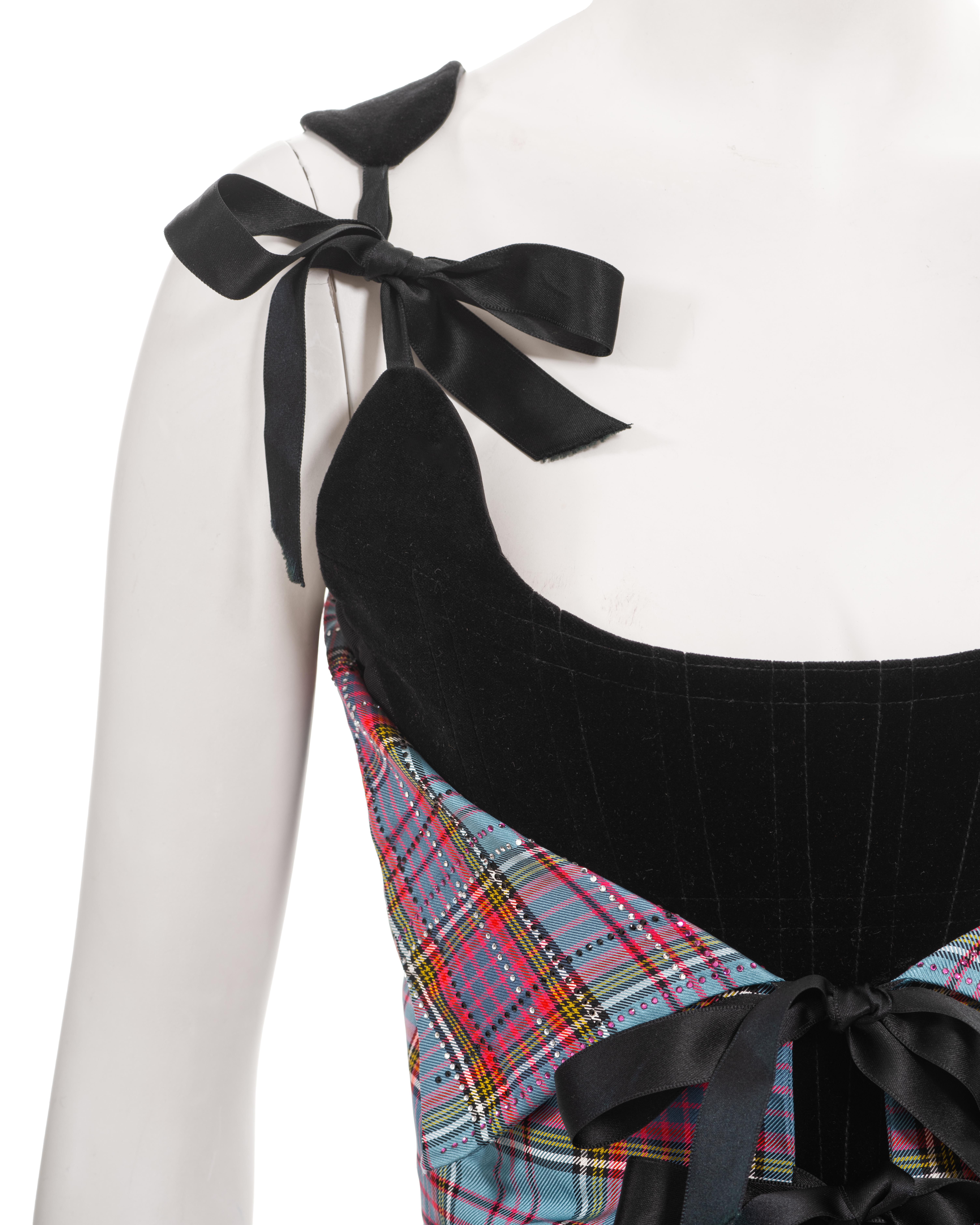 Women's  Vivienne Westwood black velvet and tartan silk corset with crystals, fw 1993 For Sale