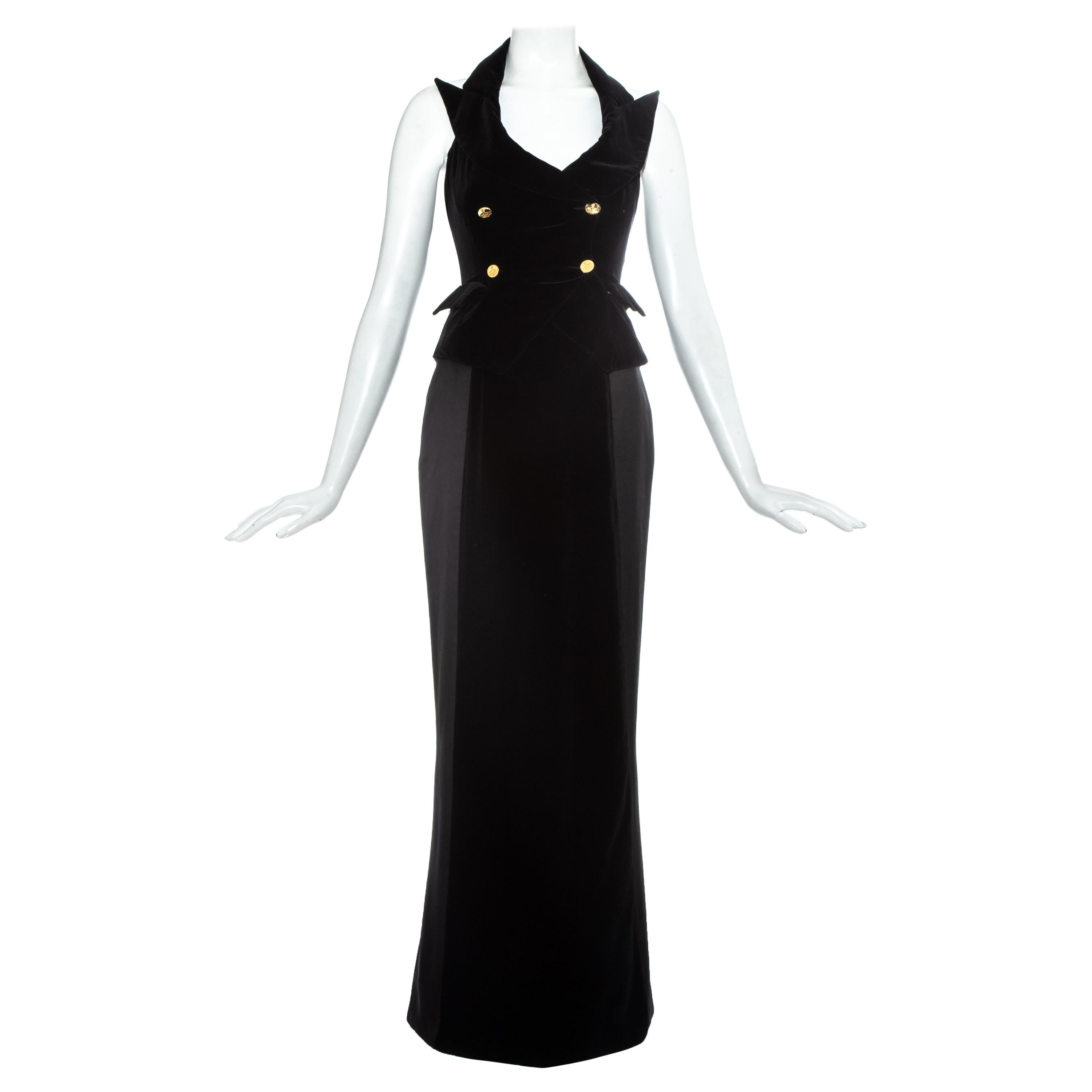 Vivienne Westwood black velvet corset waistcoat and maxi skirt, c. 1995-7 For Sale