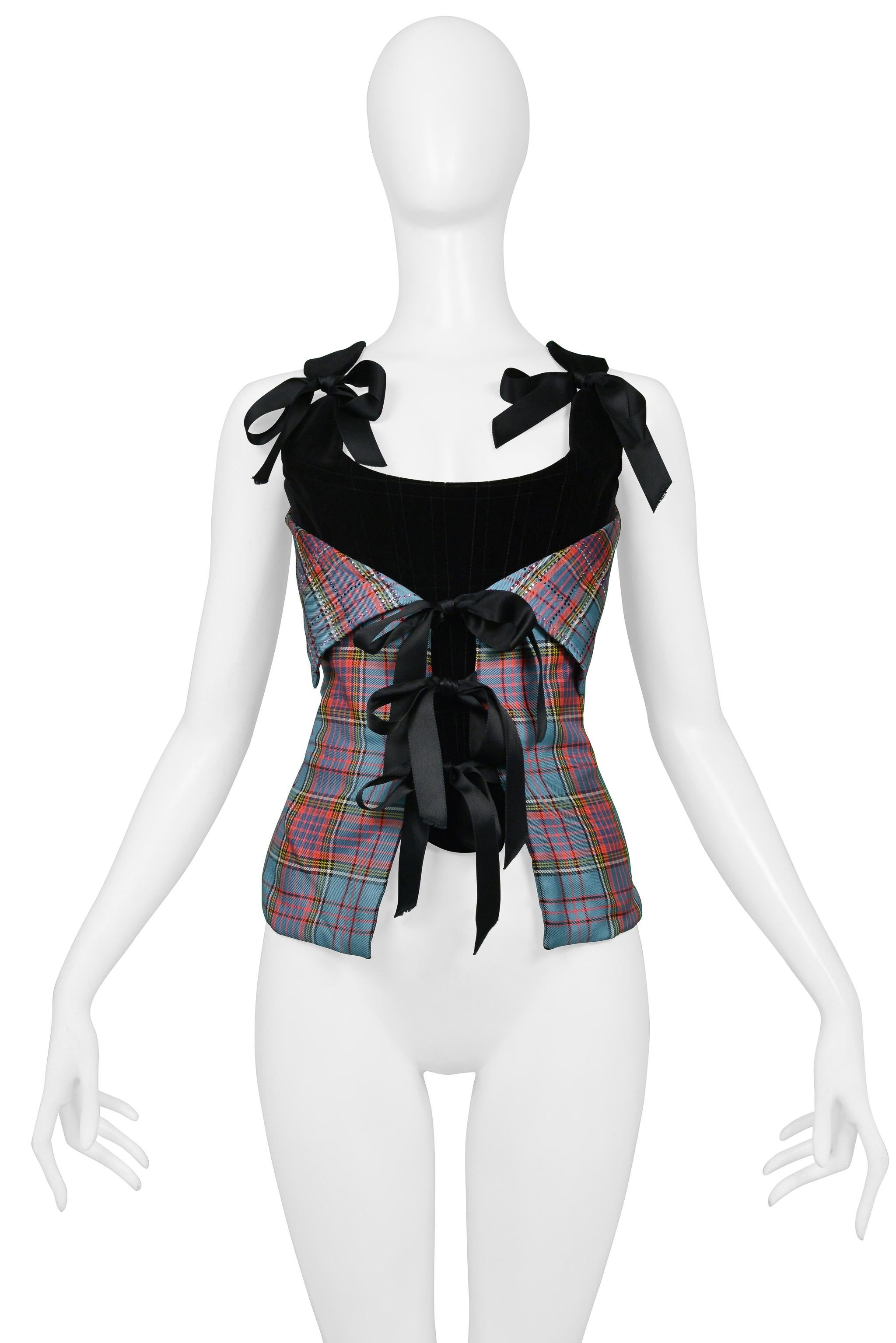 Vivienne Westwood Black Velvet Corset With Macandreas Plaid & Rhinestone 1993 In Excellent Condition For Sale In Los Angeles, CA
