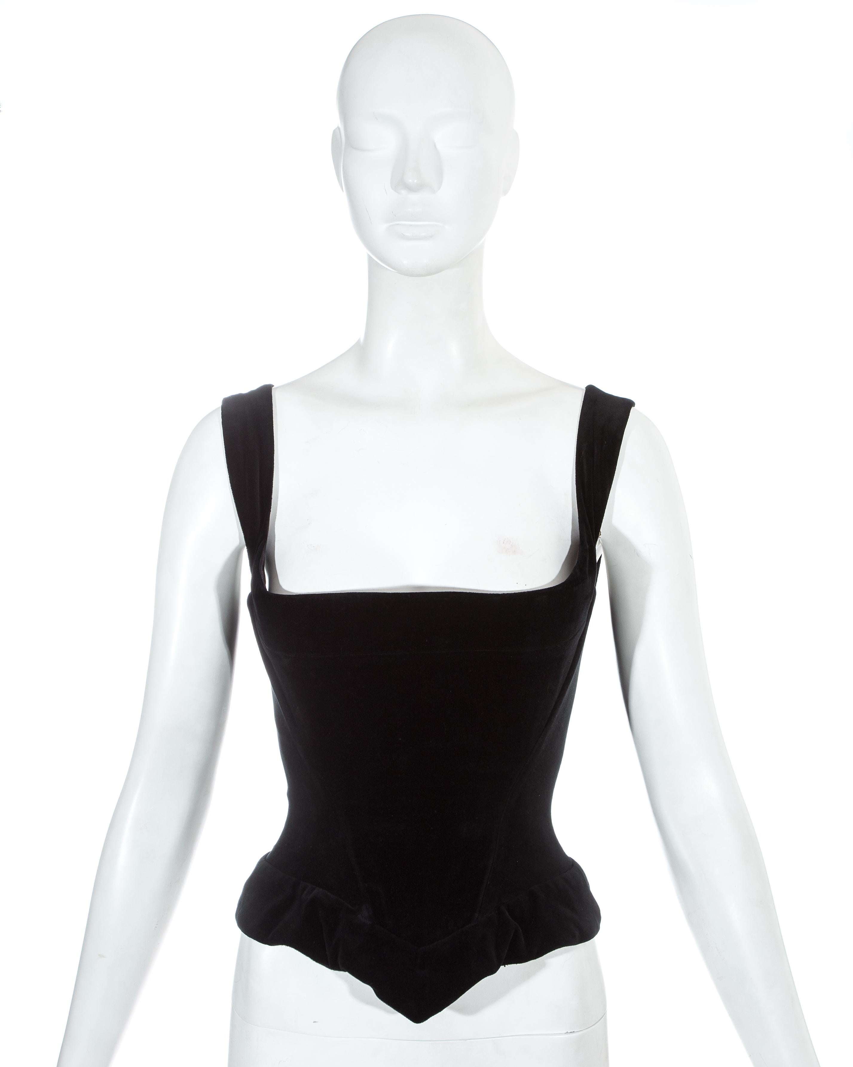 Vivienne Westwood black velvet boned evening corset with silk lining and peplum

c. 1990s