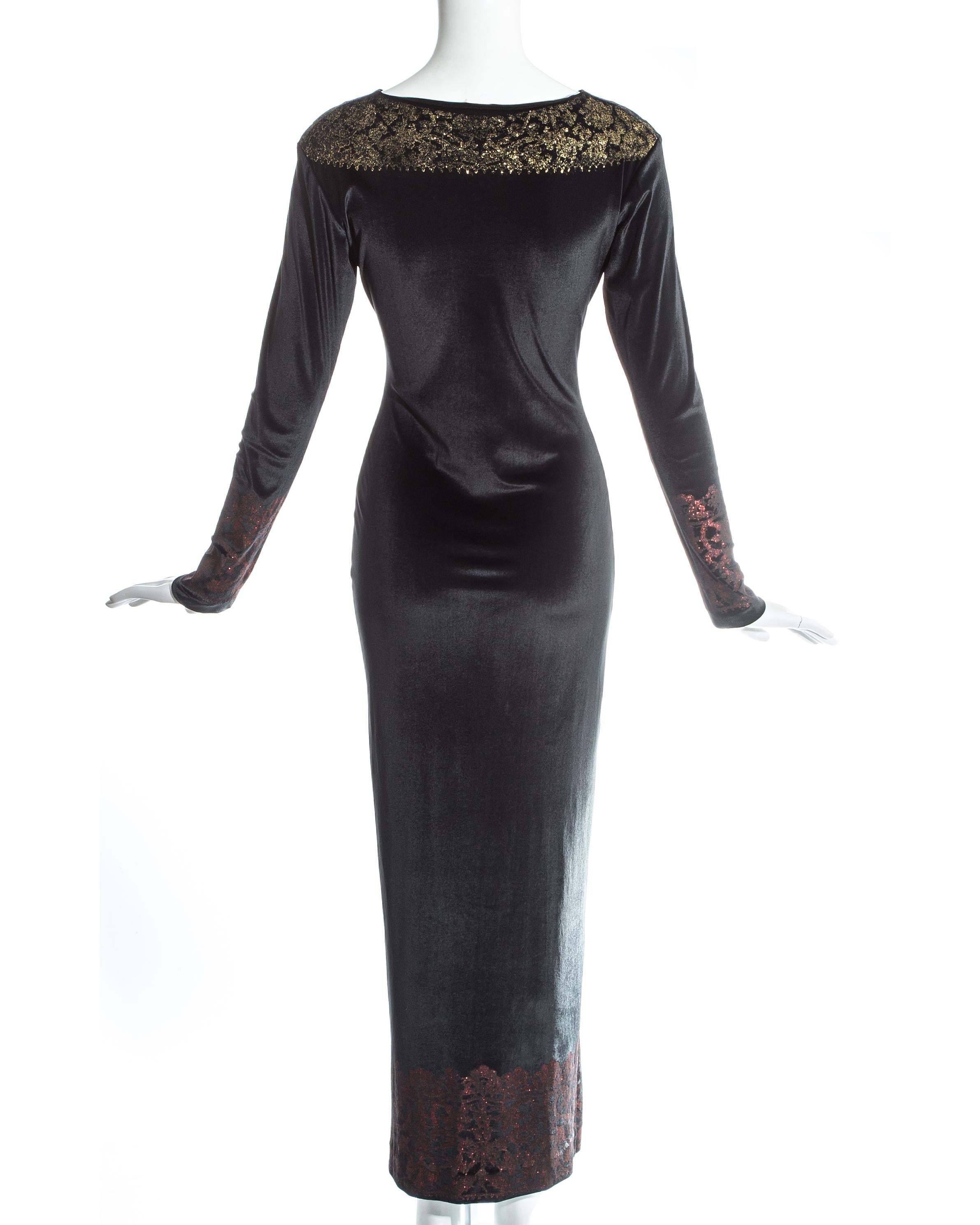 Black Vivienne Westwood black velvet glitter figure hugging maxi dress, fw 1991 For Sale