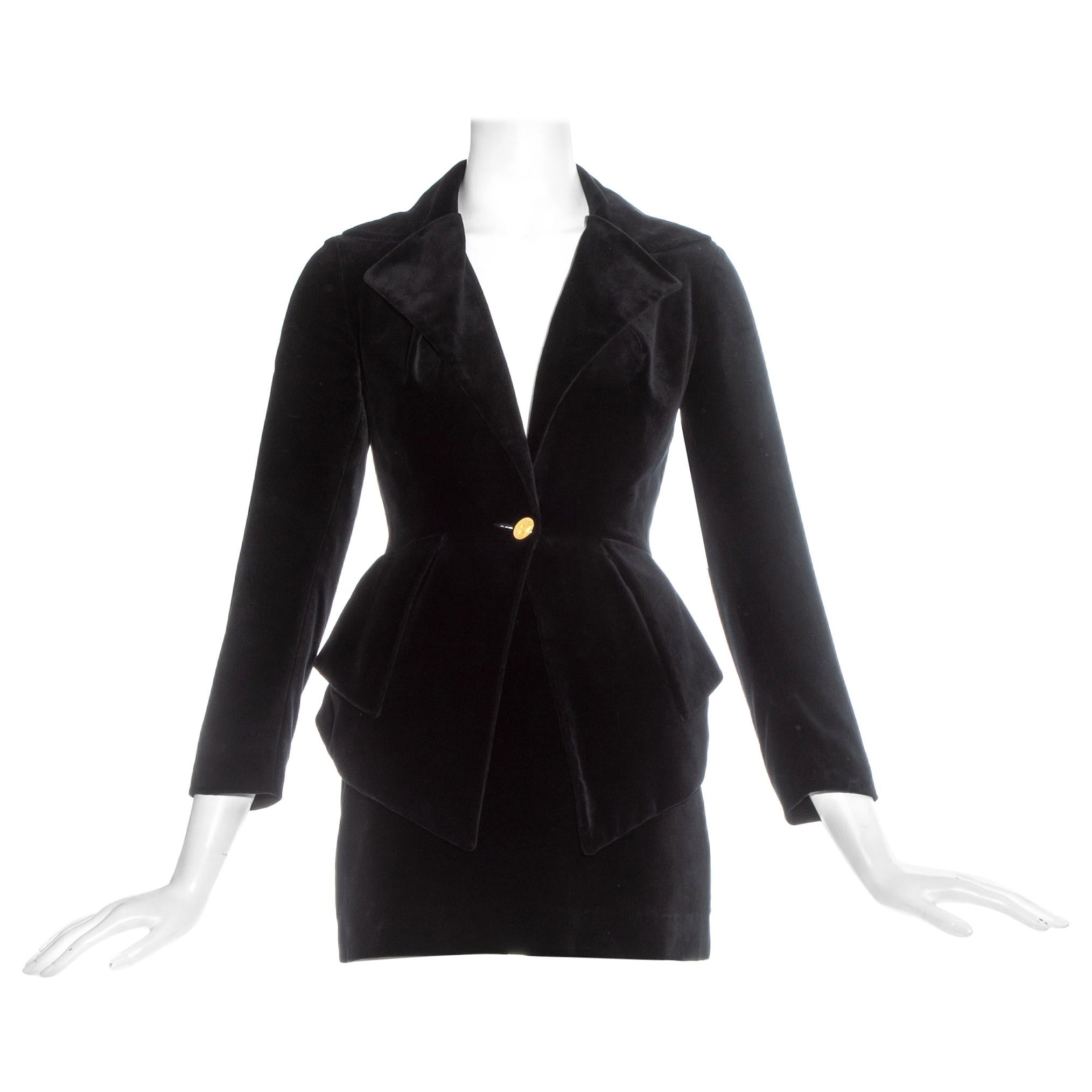 Vivienne Westwood black velvet mini skirt peplum suit, fw 1993 For Sale