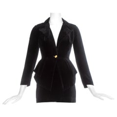 Retro Vivienne Westwood black velvet mini skirt peplum suit, fw 1993