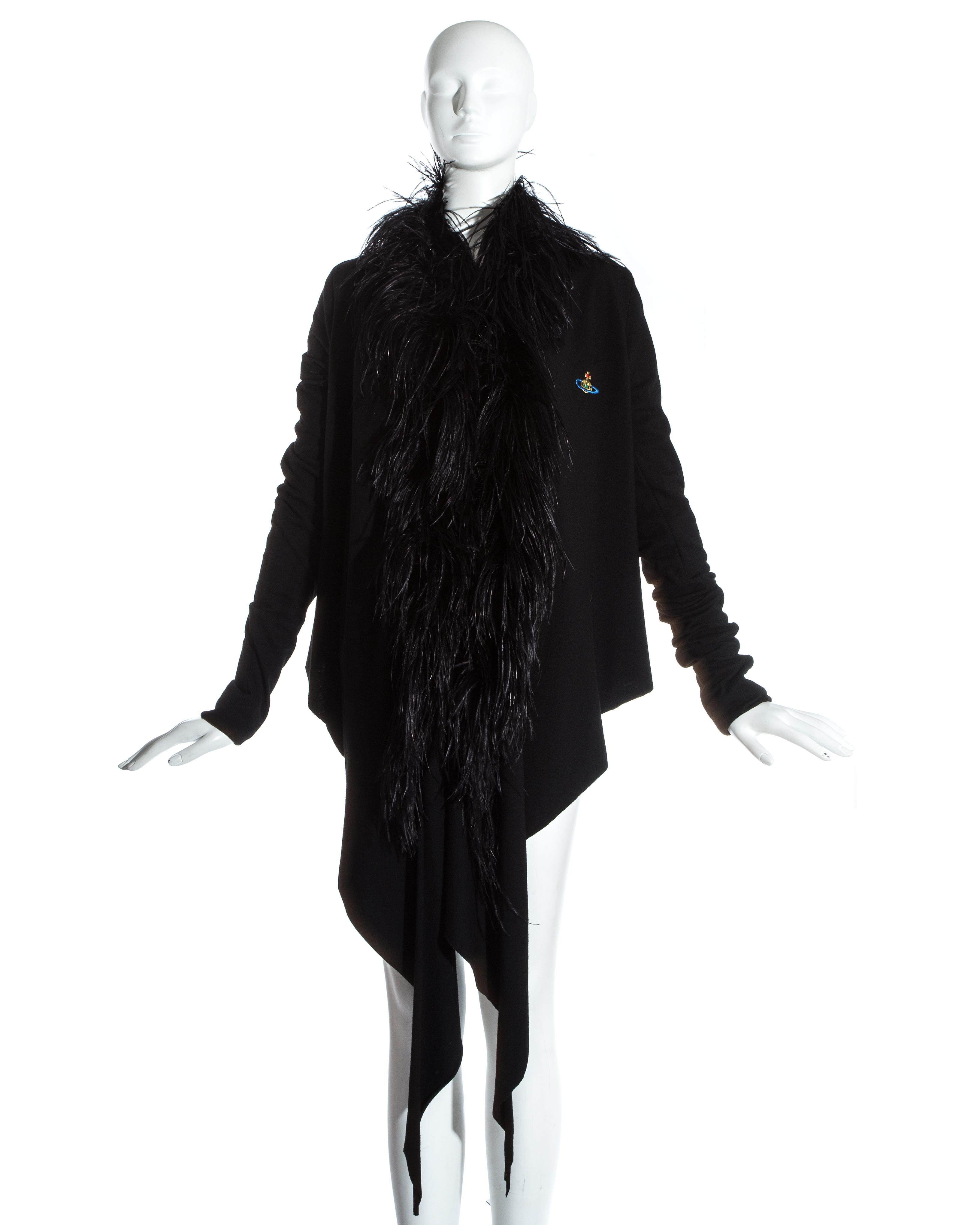 Vivienne Westwood black wool cardigan with ostrich feather trim and embroidered Orb on the chest. 

Fall-Winter 1993