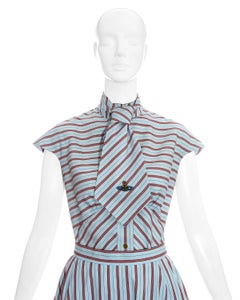 Vivienne Westwood blue and red striped skirt, blouse and tie ensemble ss 1996