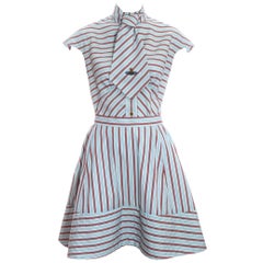 Vivienne Westwood blue and red striped skirt, blouse and tie ensemble ss 1996
