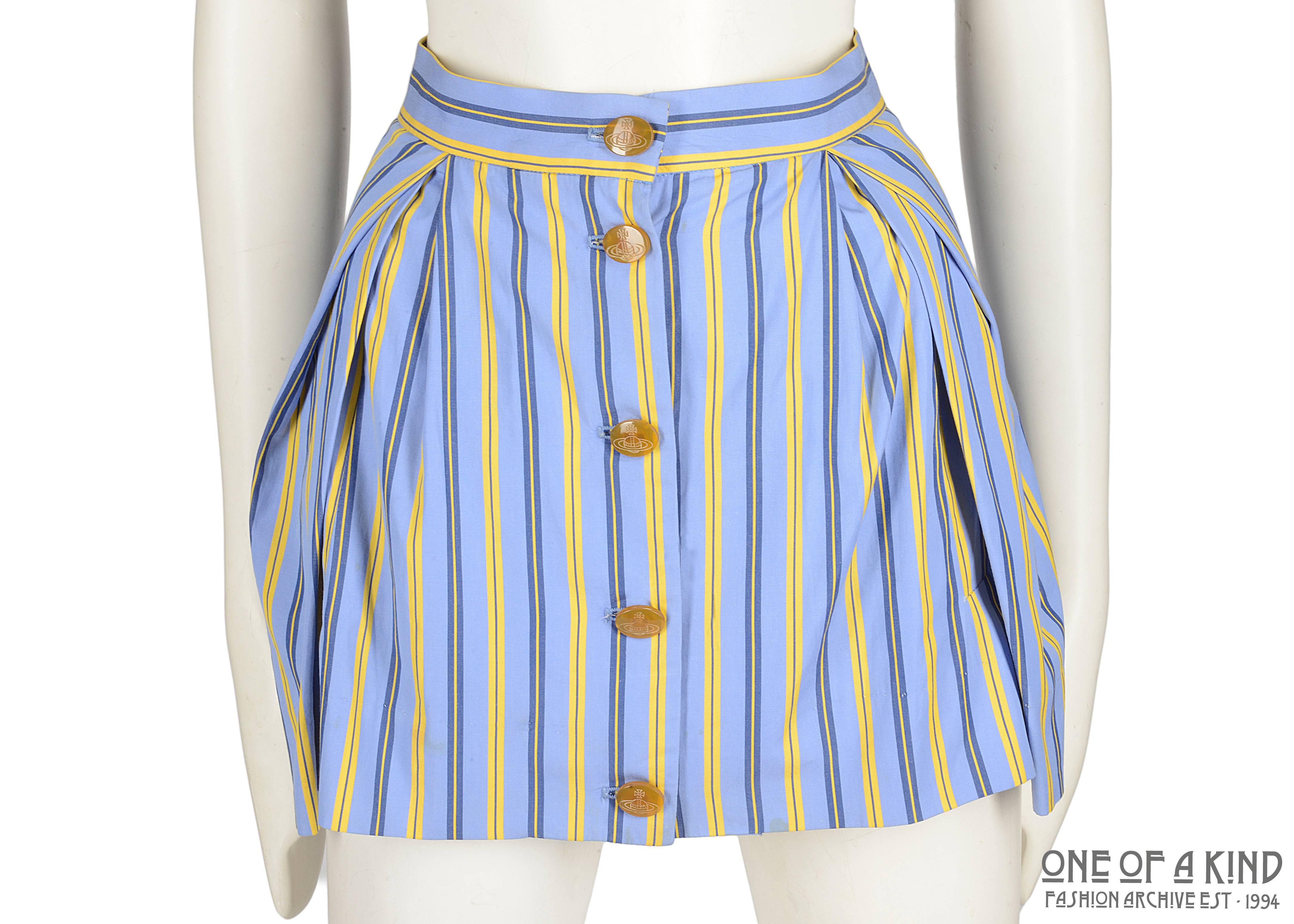 Vivienne Westwood blue and yellow cotton striped button up mini skirt 

- Orb buttons 

ca. 1988 - 1994