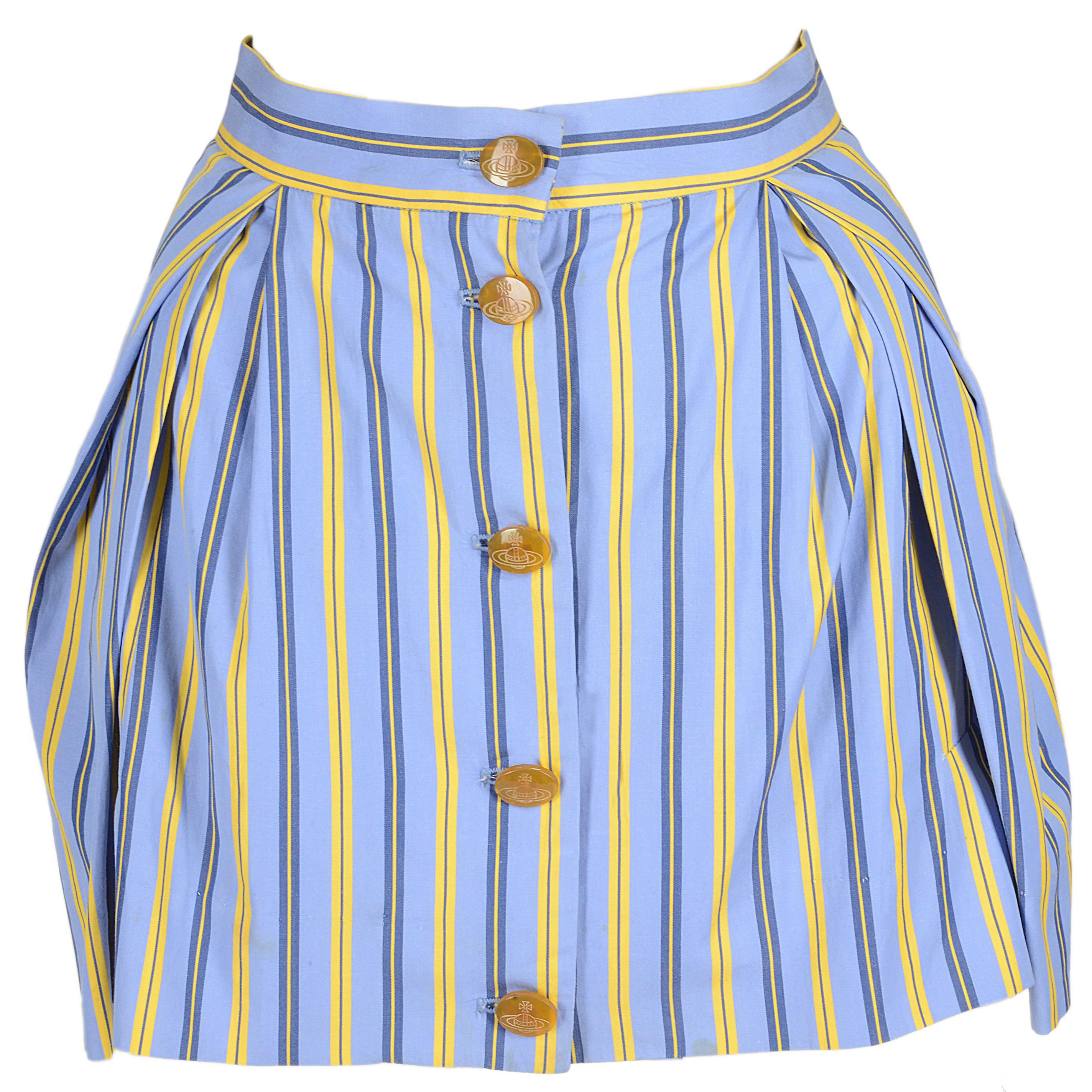 Mini jupe à boutons rayée en coton bleu et jaune Vivienne Westwood  en vente