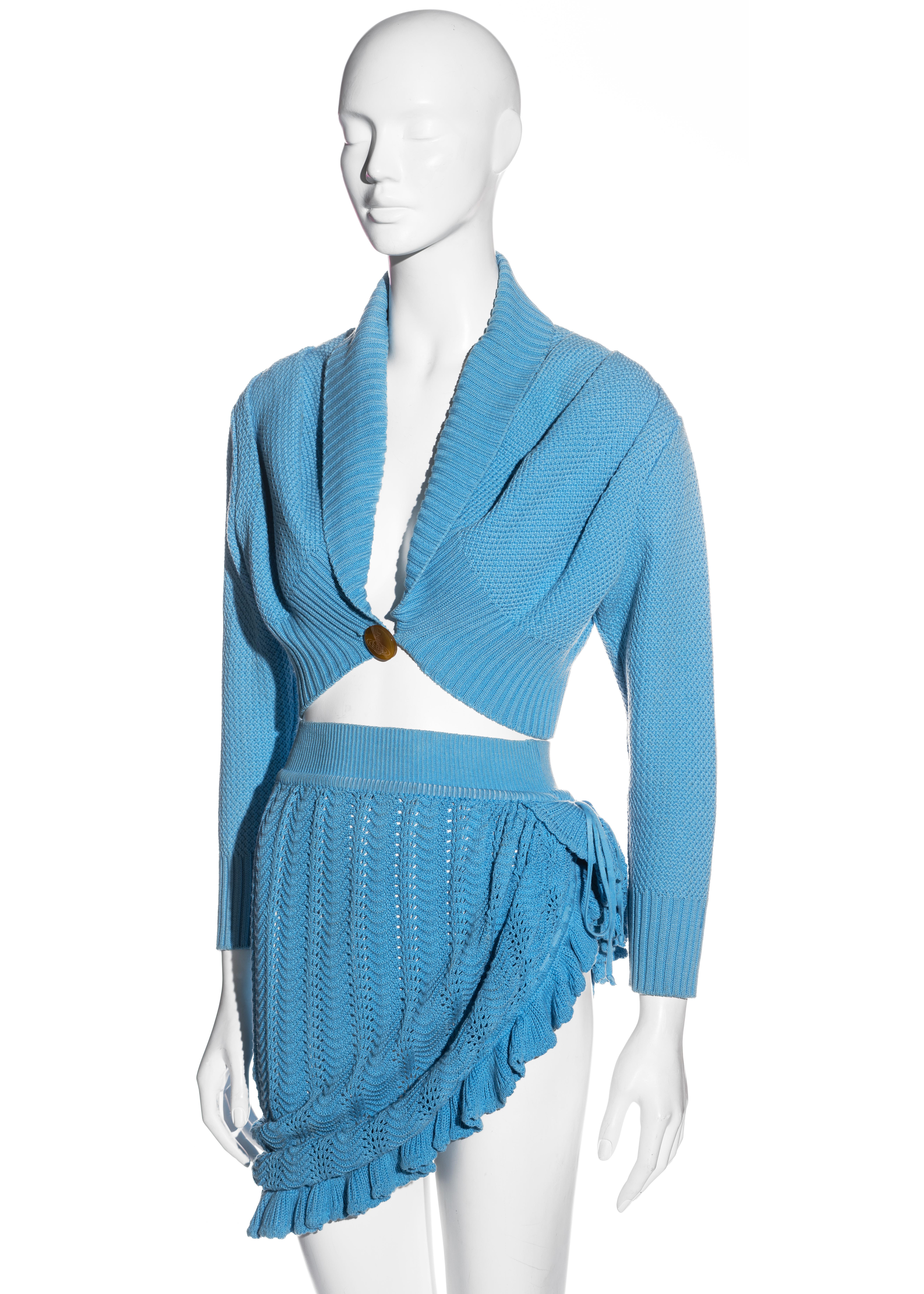 Women's Vivienne Westwood blue crochet-knit cotton skirt and cardigan set, ss 1995