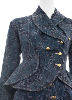 Vivienne Westwood blue denim jacquard peplum jacket skirt suit, fw 1996