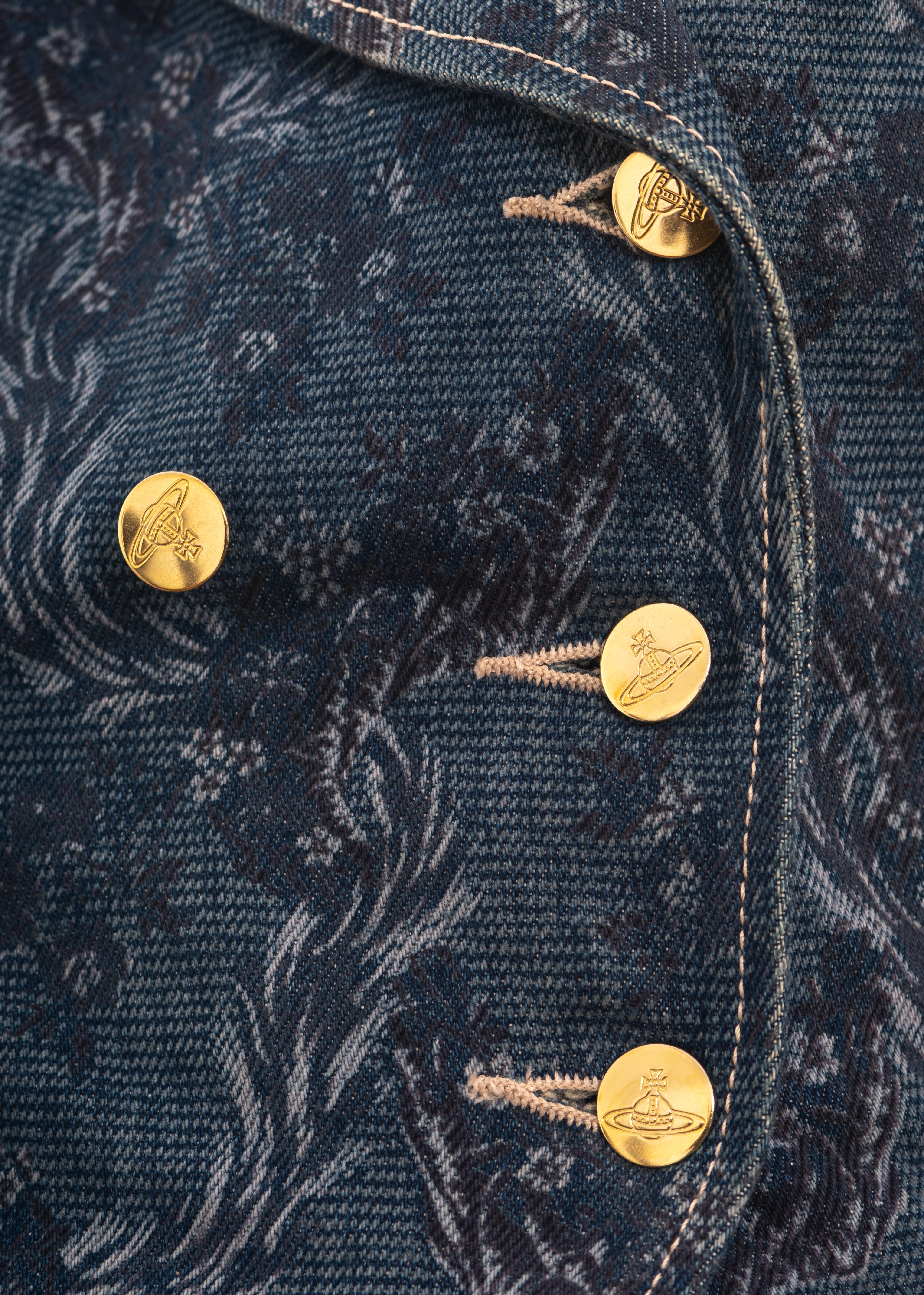 Black Vivienne Westwood blue denim jacquard peplum jacket skirt suit, fw 1996 For Sale