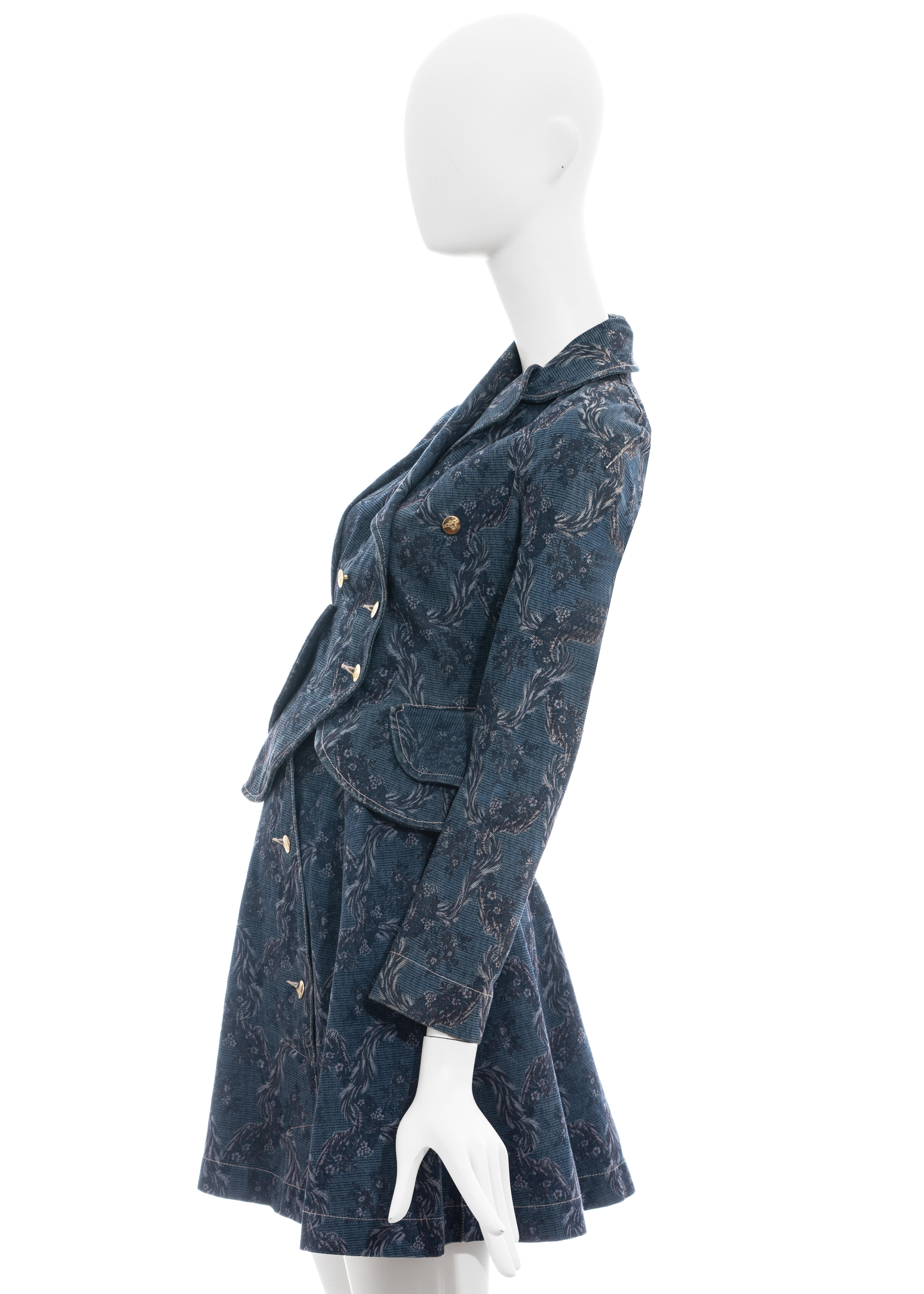 Vivienne Westwood blue denim jacquard peplum jacket skirt suit, fw 1996 In Excellent Condition For Sale In London, GB