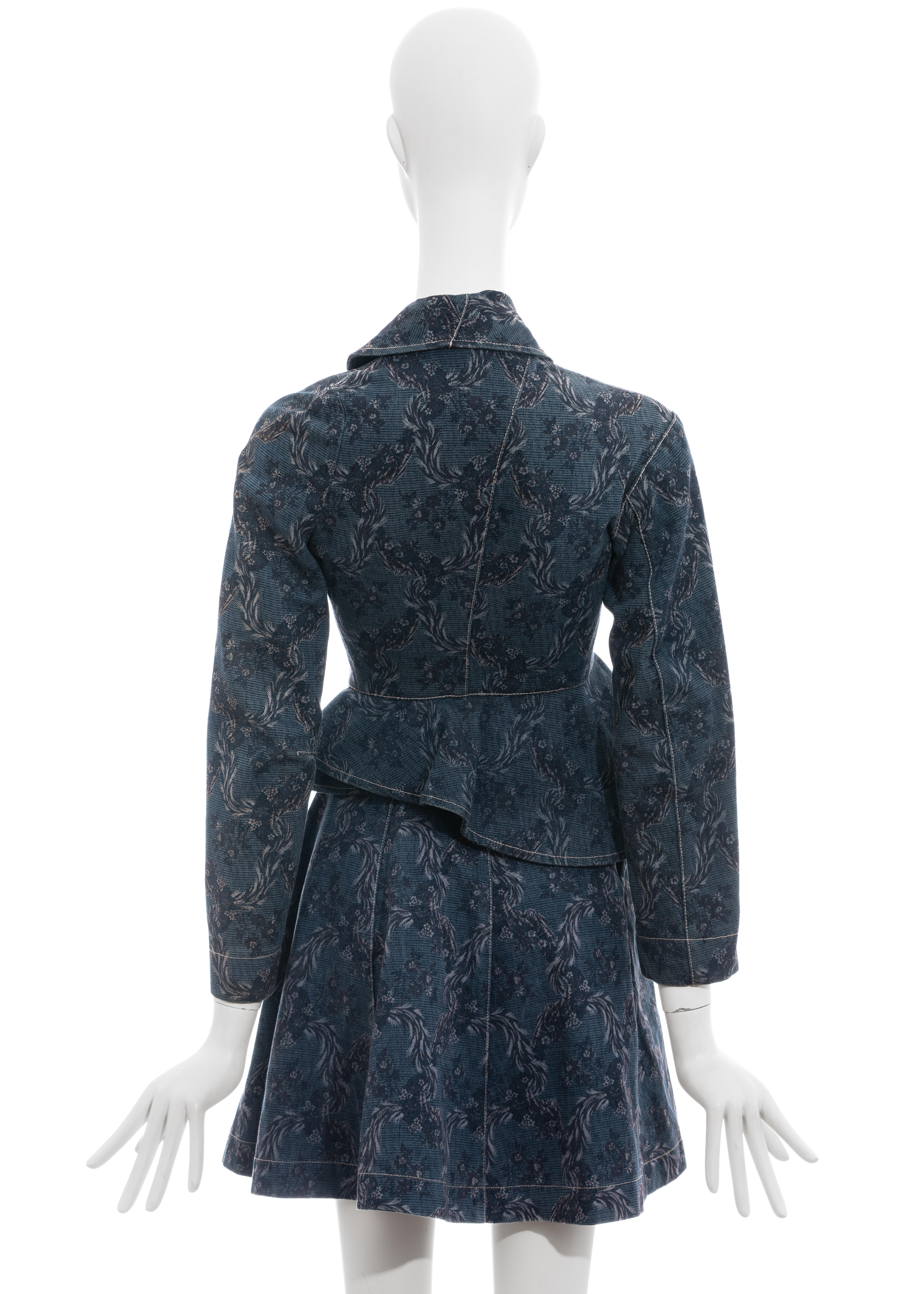 Women's Vivienne Westwood blue denim jacquard peplum jacket skirt suit, fw 1996 For Sale