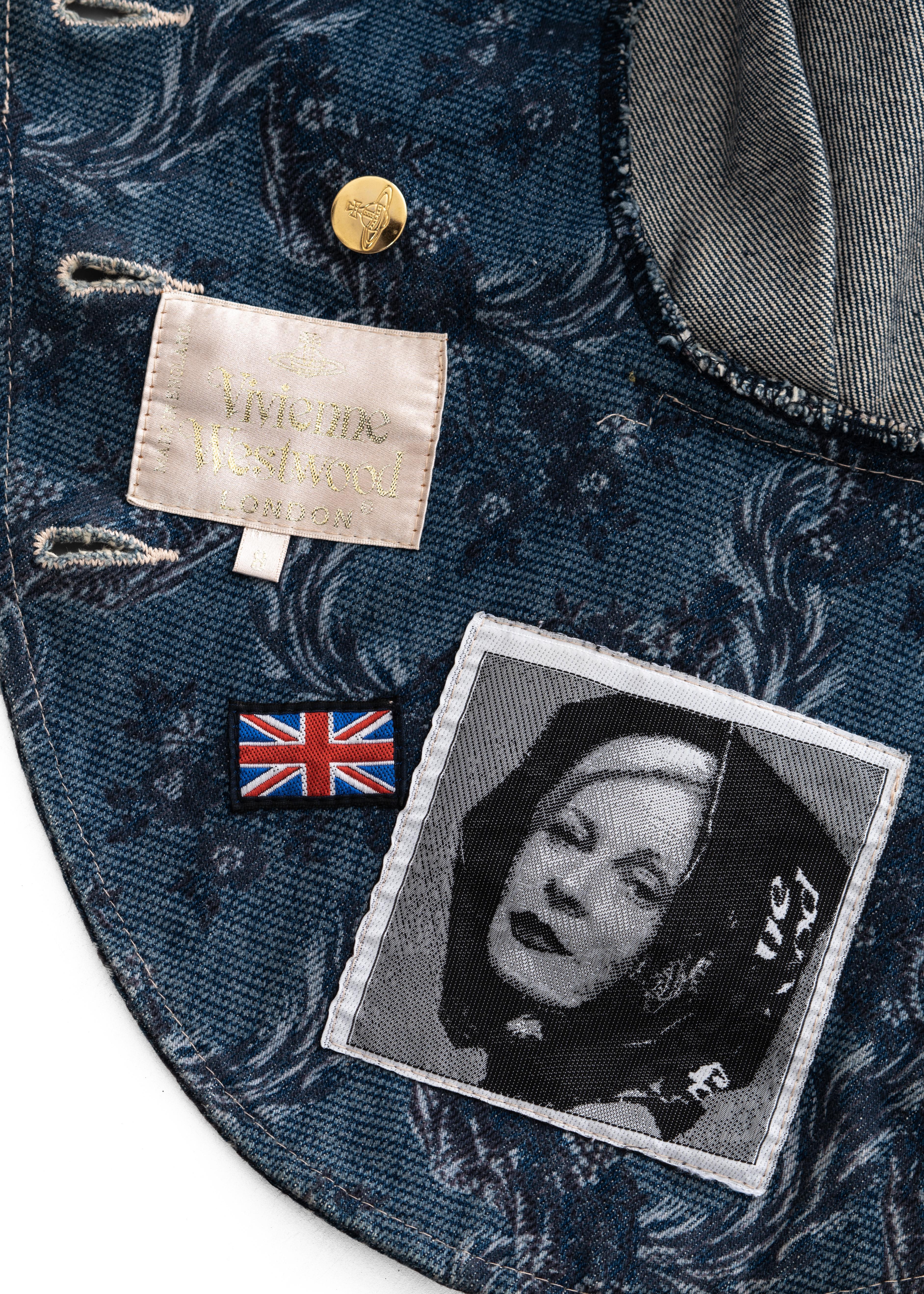 Vivienne Westwood blue denim jacquard peplum jacket skirt suit, fw 1996 For Sale 1