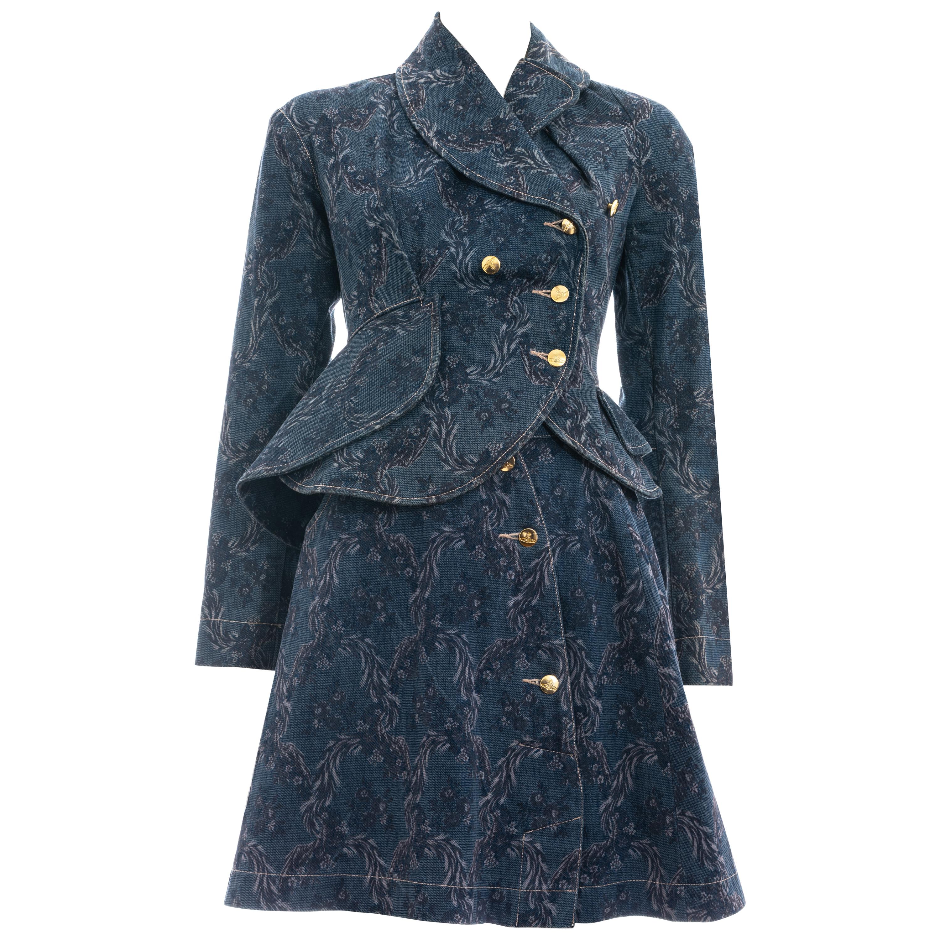 Vivienne Westwood blue denim jacquard peplum jacket skirt suit, fw 1996 For Sale