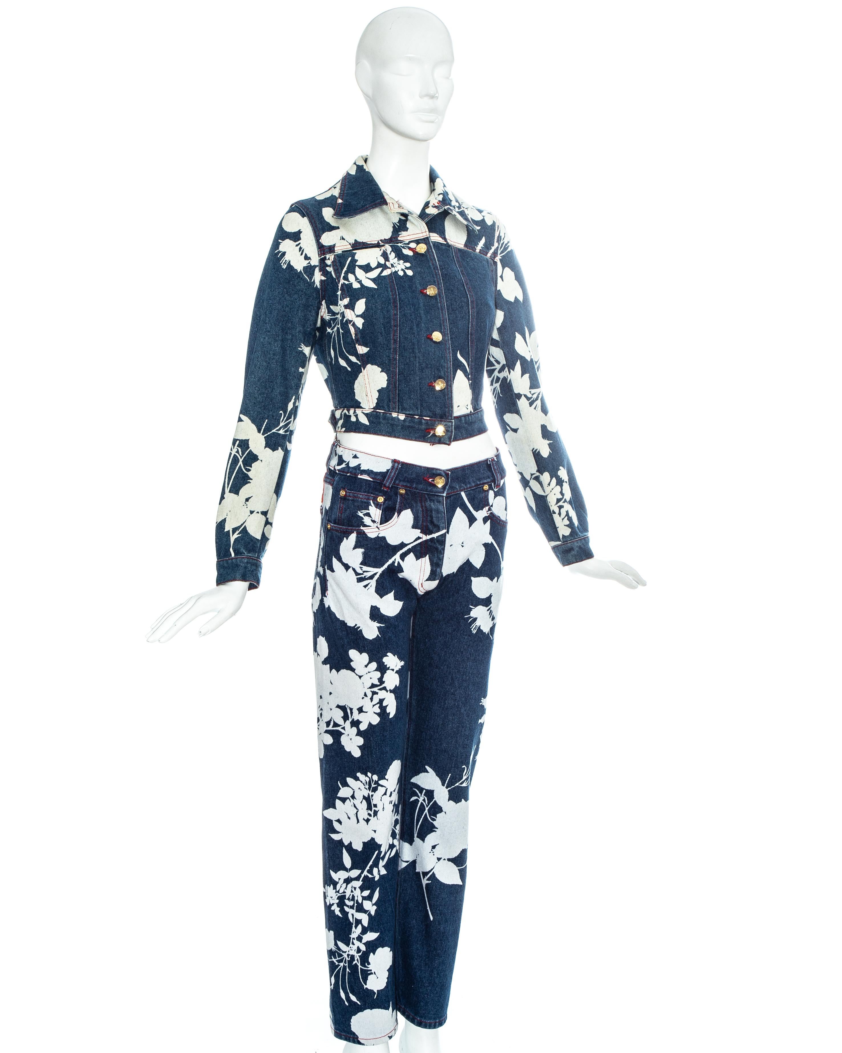 Blauer Denim-Hosenanzug von Vivienne Westwood mit gebleichter Blumendruck, Frühjahr/Sommer 1994 Damen