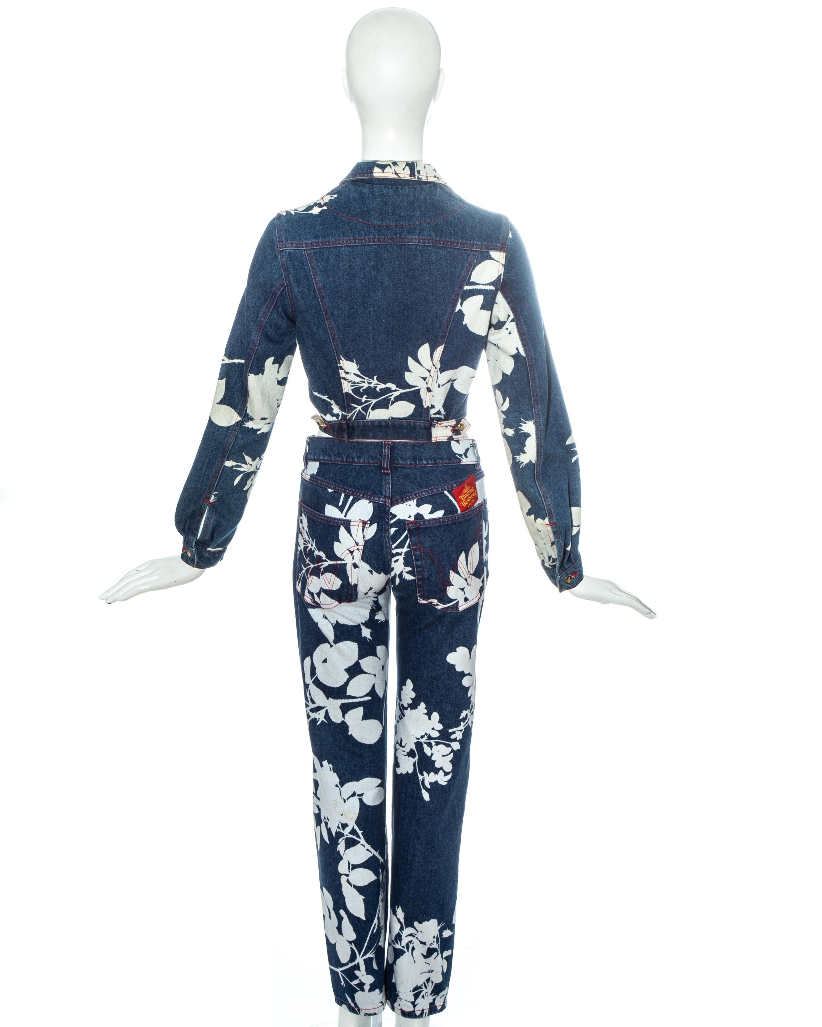 Blue Vivienne Westwood blue denim pant suit with bleached floral print, ss 1994 For Sale