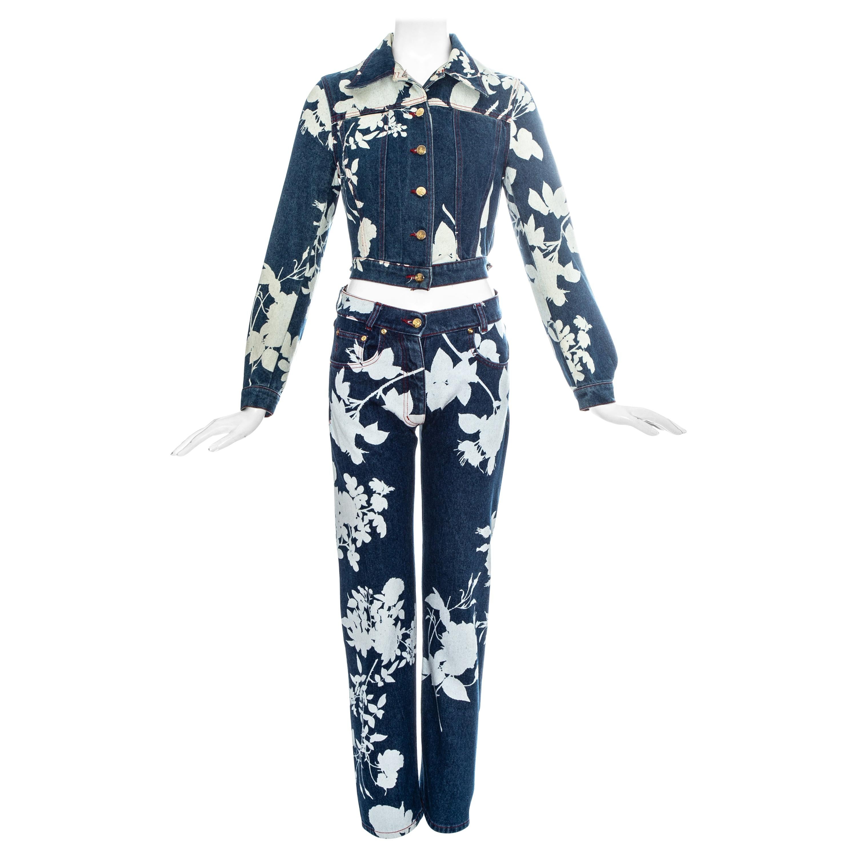 Vivienne Westwood blue denim pant suit with bleached floral print, ss 1994