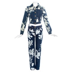 Retro Vivienne Westwood blue denim pant suit with bleached floral print, ss 1994